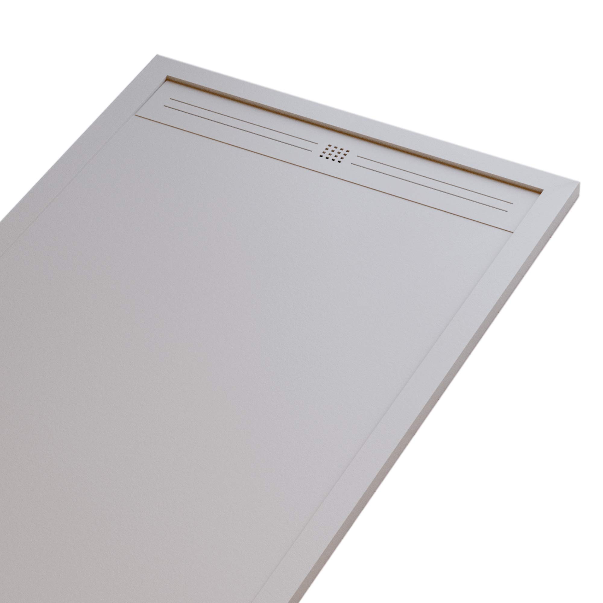 Piatto Doccia Mineralmarmo Effetto Pietra Ardesia - Modello Sun - Marmo Resina con Gelcoat - Griglia Laterale Acciaio Inox in Tinta - Colore Sabbia - 70x140