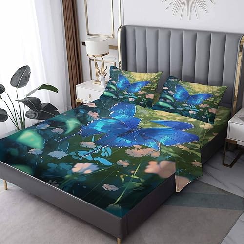 Z9-&-150 - Juego de sábanas de mariposas tamaño King, sábanas y fundas de almohada con patrón de flores y mariposas, sábana bajera ajustable de