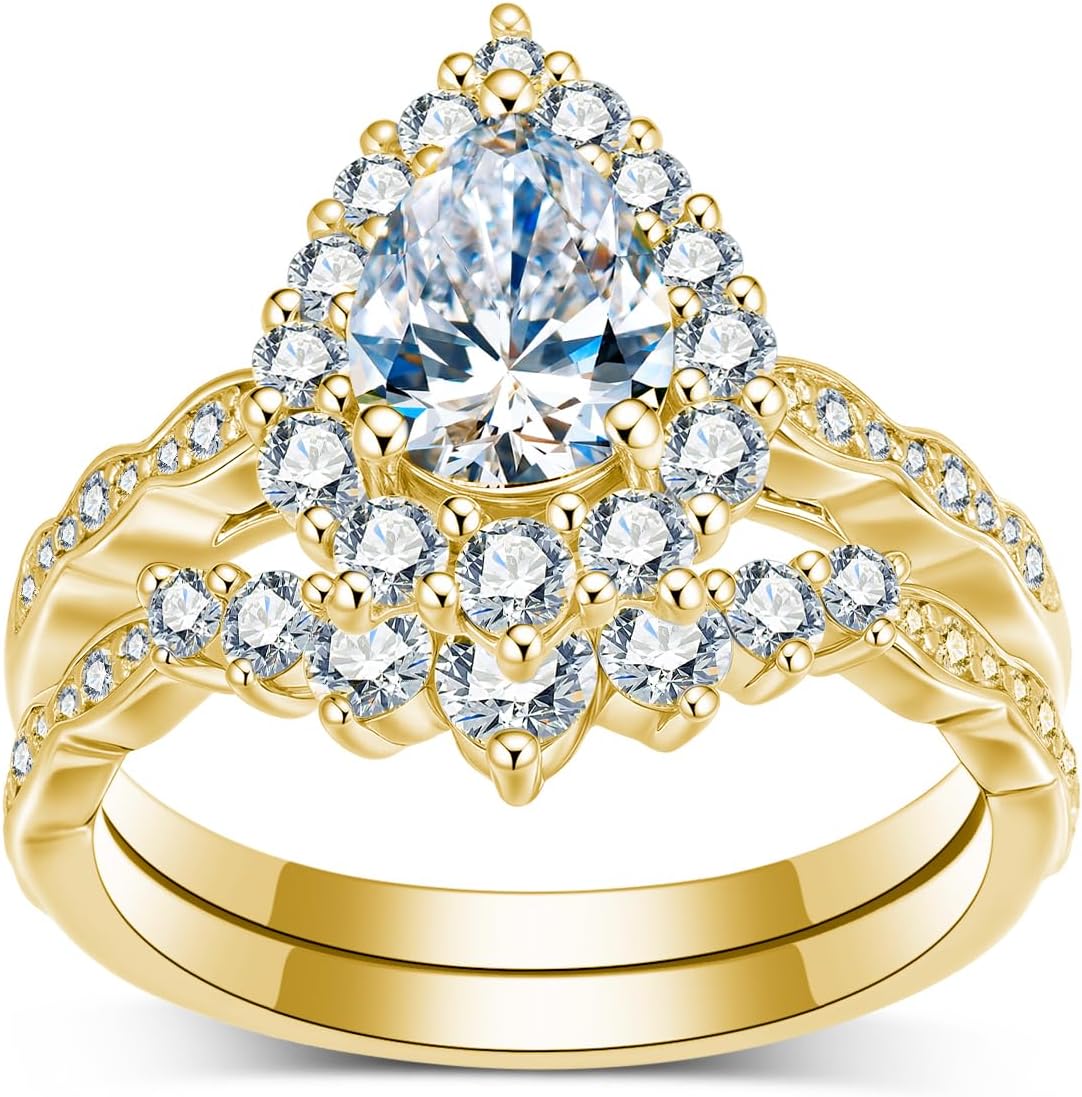 1/1.5/2CT Pear Cut Moissanite Halo Bridal Sets Wedding Rings for Women GRA Certified,Vintage Teardrop Channel Set Engagement Ring Set 10K 14K 18K Real Gold Jewelry Gift for Anniversary Wedding Free Engraved