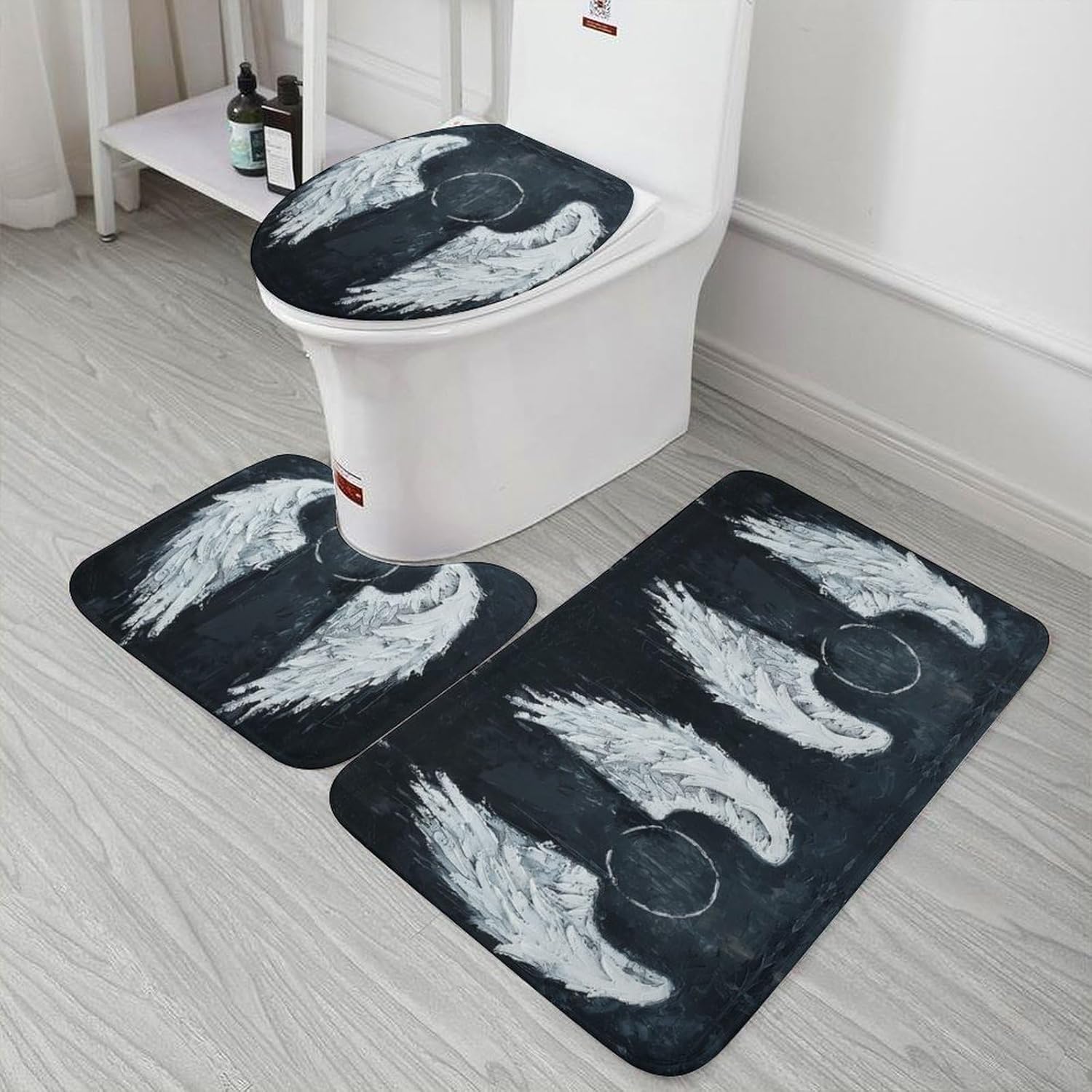 Anti-Skid Floor Mats 3 Piece Set,White Angel Wings Printed Coral Fleece Bathroom Mats U-Shaped Contour Mat Toilet Seat Cover for Bathroom, Tub, Shower, Kitchen 19.7"x31.5"