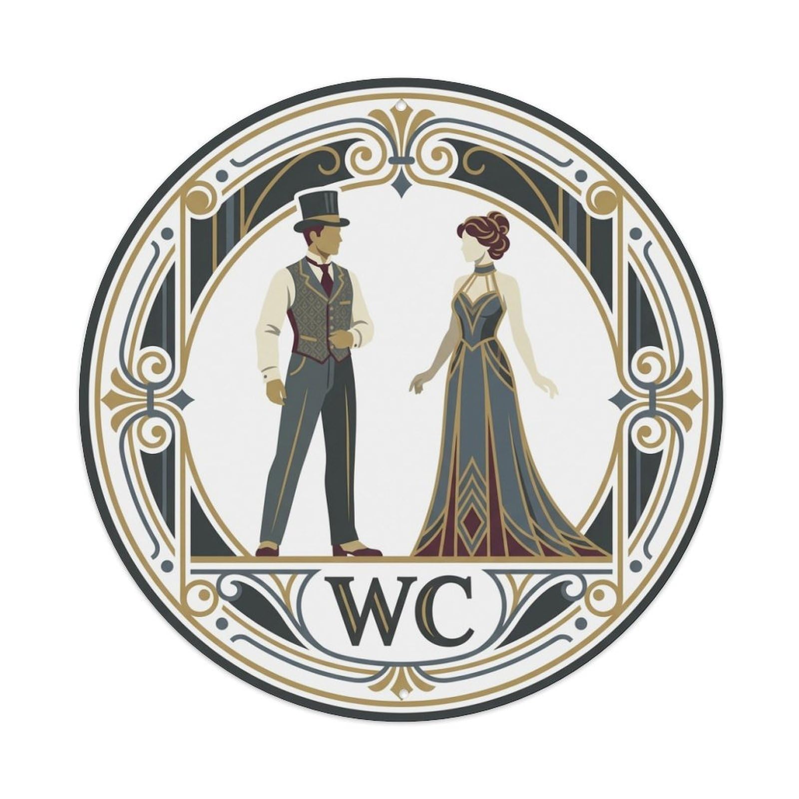 WC Restroom Notice Ivory Navy Deco Arch Metal Tin Sign