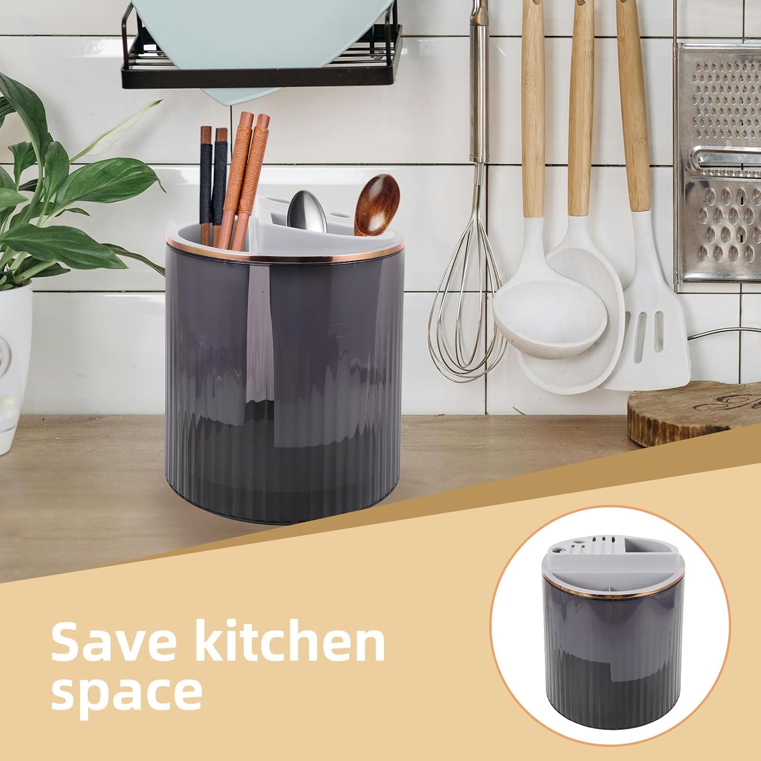 Rotating Kitchen Cutter Rack and Chopstick Holder with Draining Tray, Multi-functional Utensil Storage Stand for Countertop Organization, Dusk Gray