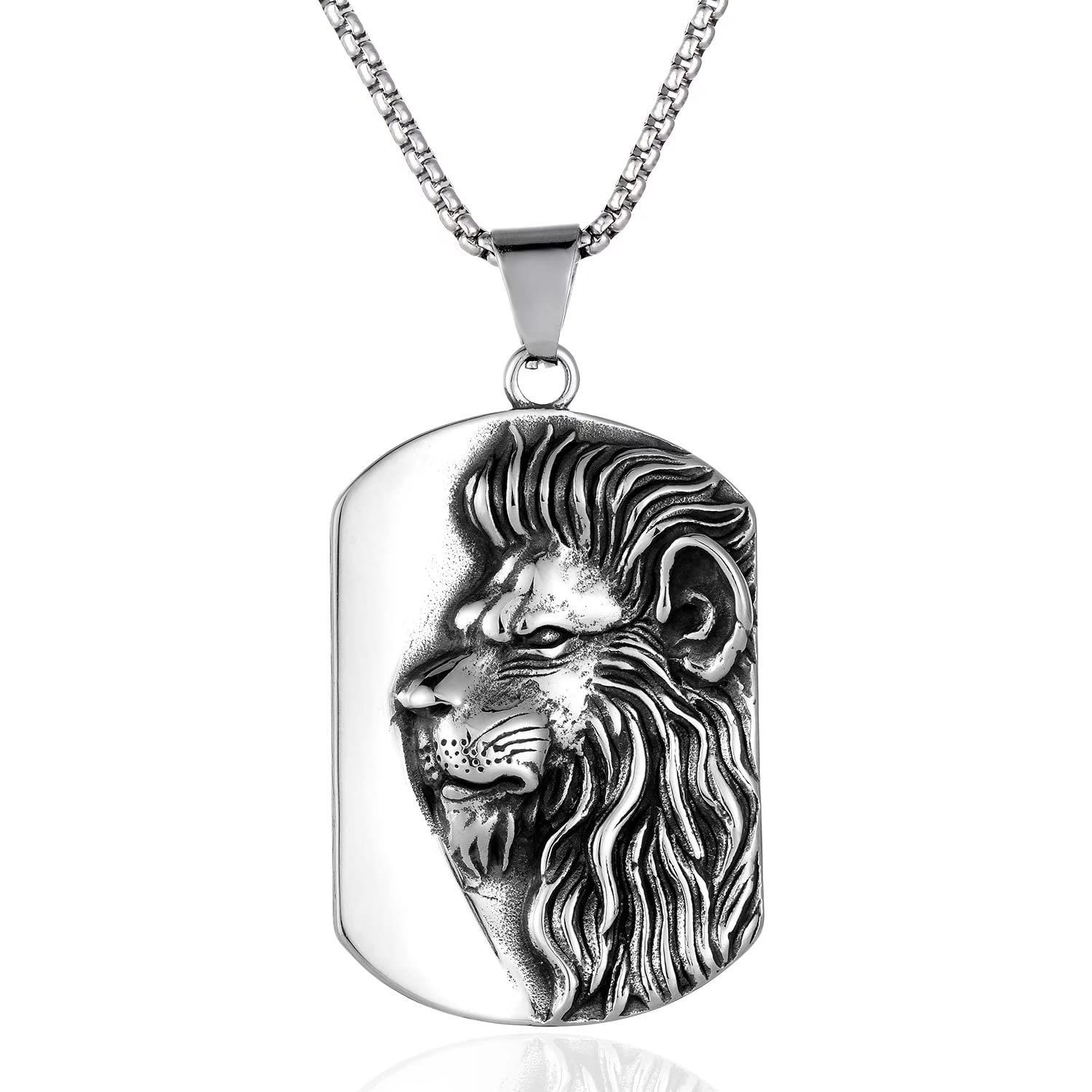 BIYONGDE Stainless Steel Lion Head Lion of Judah Pendant Necklace with Chain, Mens Womens