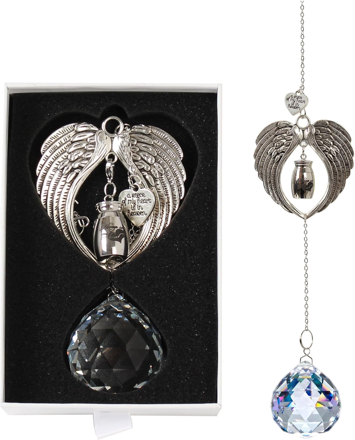 Small Keepsake Urn for Human Ashes,Hanging Angel Wings Crystal Suncatcher Memorial mini urn,Mini Cremation Urns for Women Men 1.2 Inches tiny urn for Human or Pet Ashes Sharing Memorial Urn