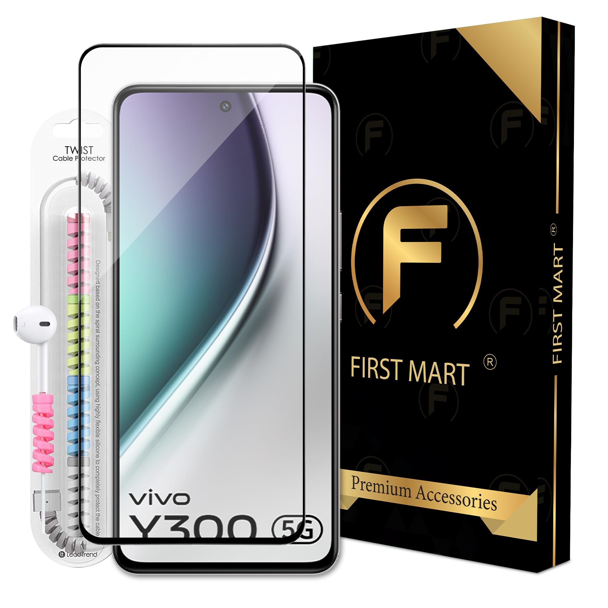 FIRST MART Premium Tempered Glass for Vivo Y300 5G with Edge to Edge Coverage and Cable Protector and Easy Installation Kit, Pack of 1