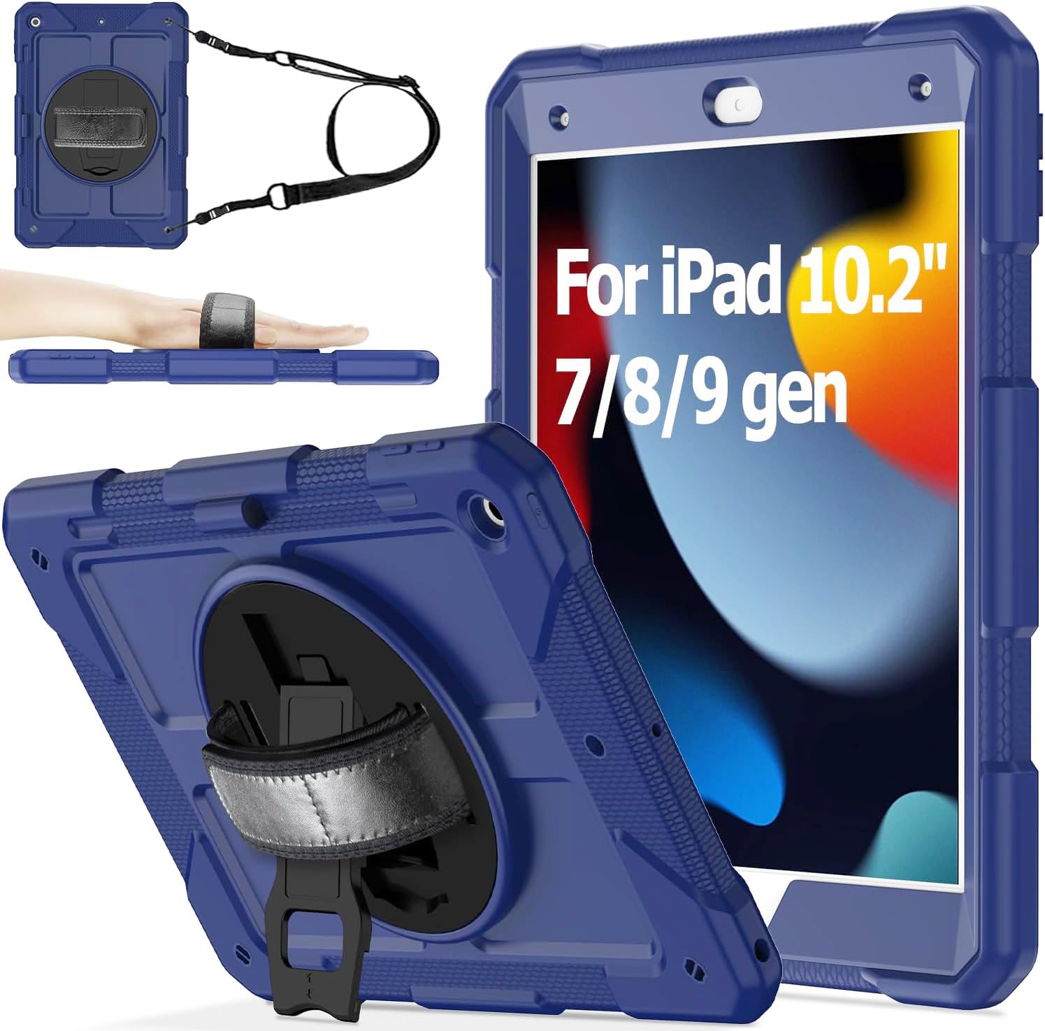 AVAWO 360° Rotatable Case for iPad 10.2-inch (9th/8th/7th Generation), with Shoulder Strap & Hand Strap Cover, Navy Blue