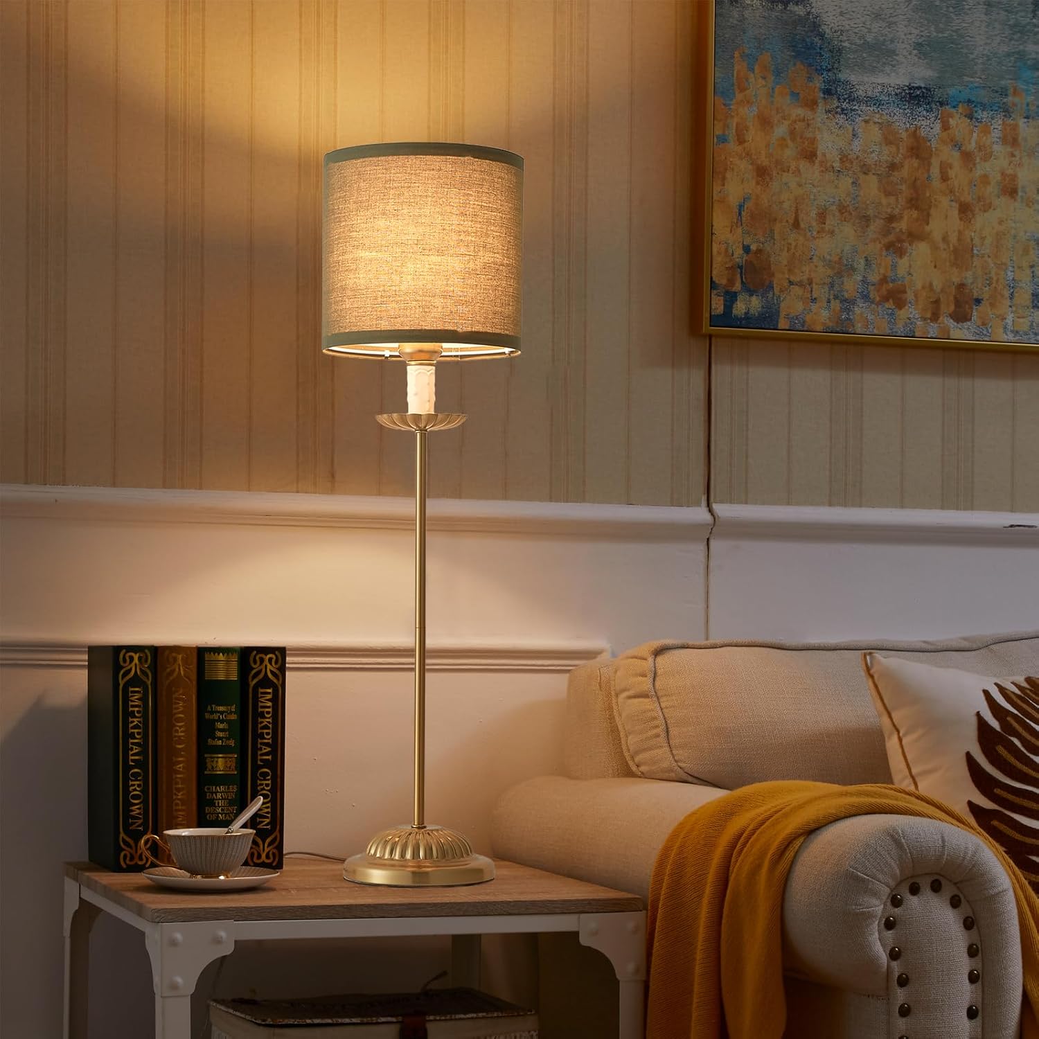 Bedside Table Lamp for Bedroom, Mid-Century Modern Plug in Green Fabric Shade & Gold-Tone Iron Base Desk Lamp, Plug & Play Nightstand Lamp with Switch Power Cord for Living Room,Office 【Bulb Included】