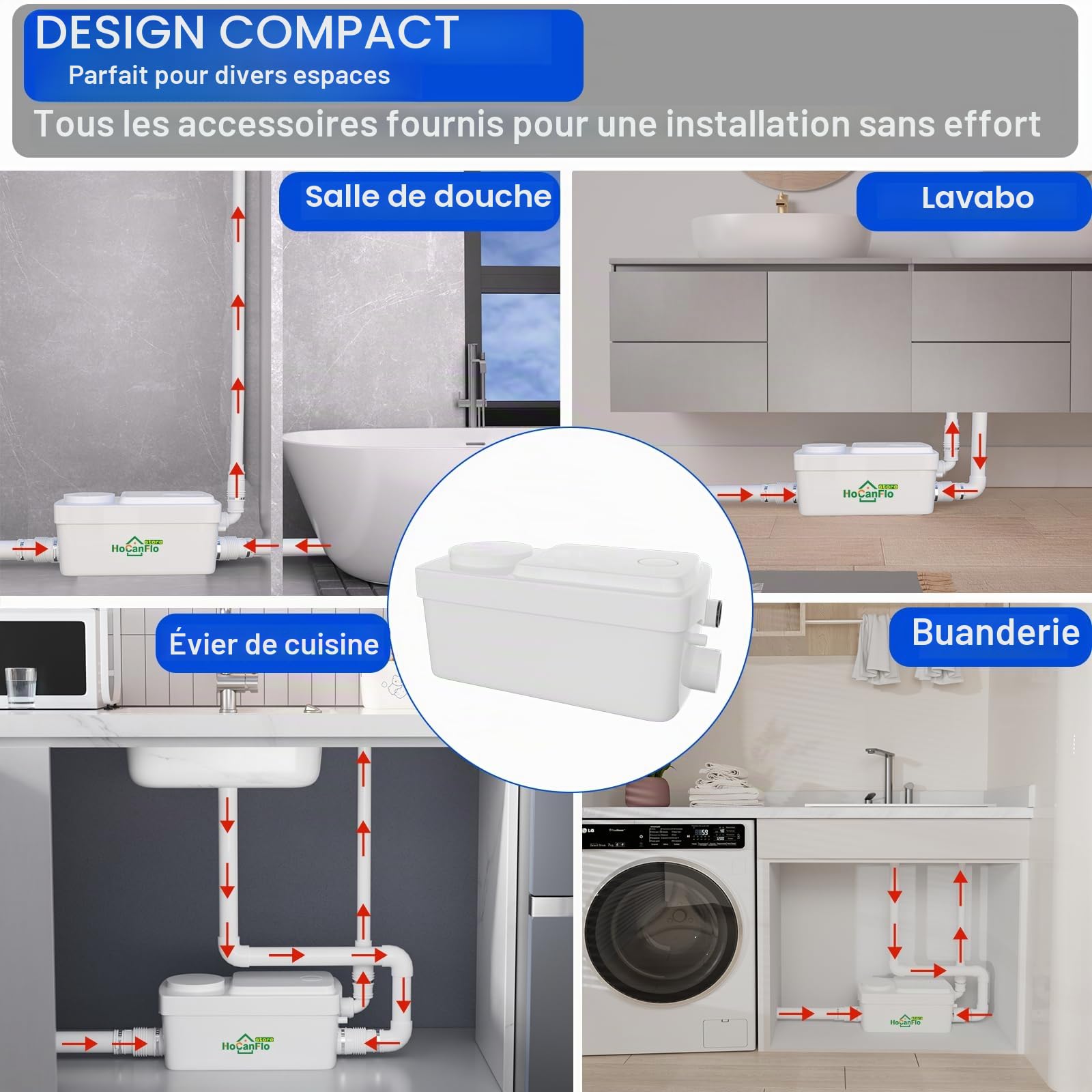 300W Broyeur sanitaire Pompe à déchets silencieuse, Pompe de relevage Douche équipée de 2 entrées 1 sortie, FLO-300 Pro