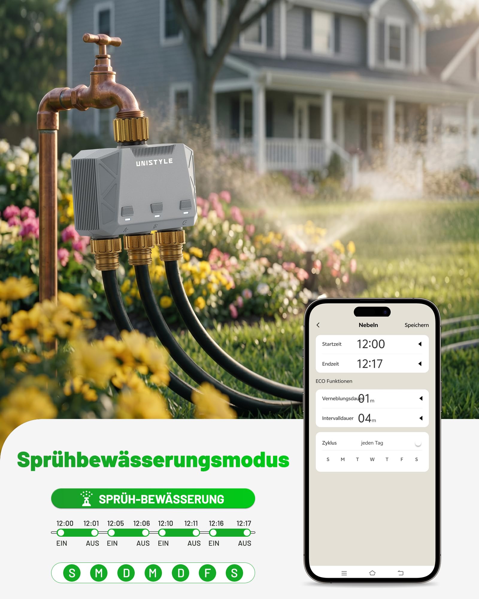 Unistyle Bewässerungscomputer WLAN 3 Ausgänge | Neuauflage 2026 – App-Steuerung, 5 Bewässerungspläne, Präzise Steuerung, Alexa-Sprachsteuerung, Automatische Bewässerung für Garten & Pflanzen