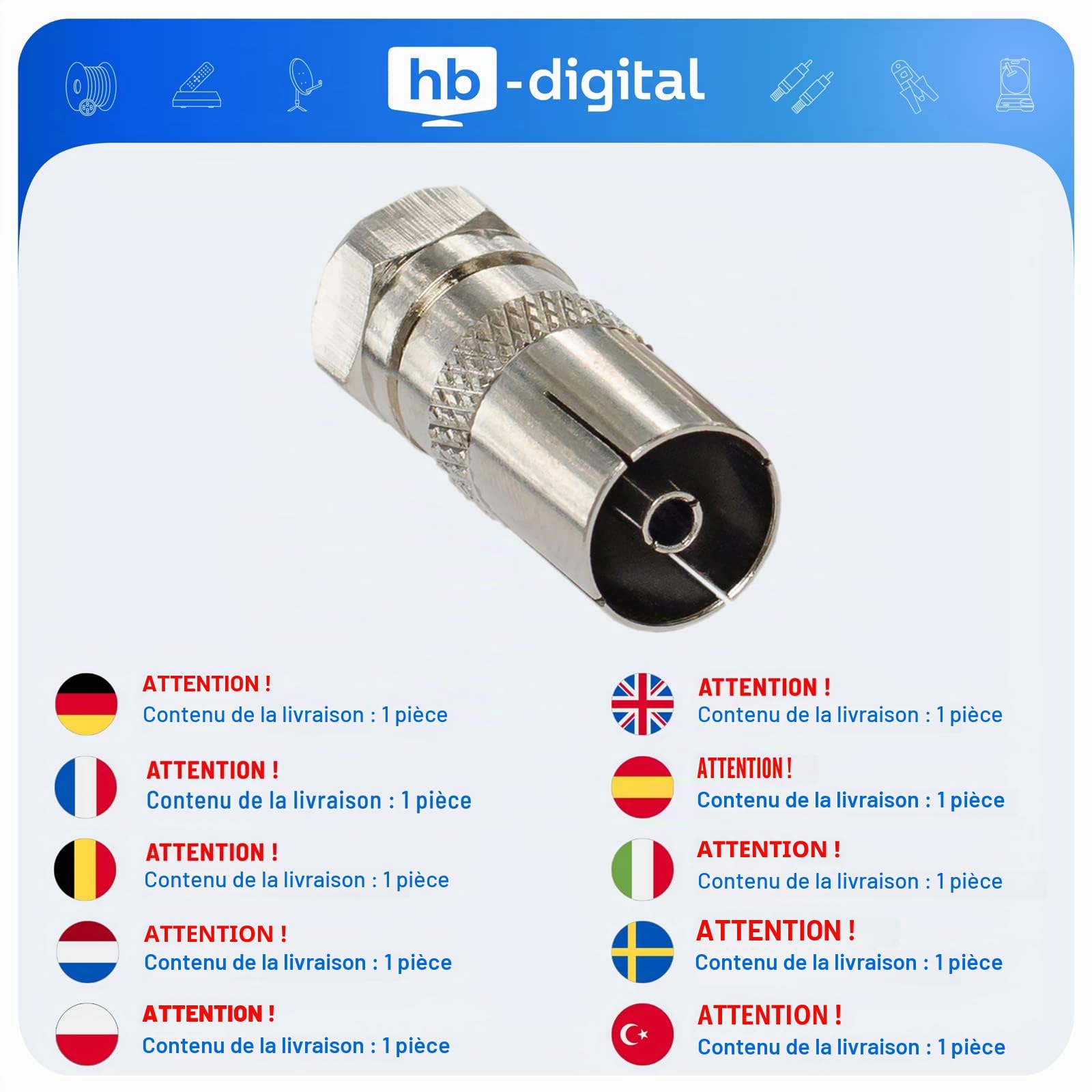 HB-DIGITAL 1x Adaptateur d'antenne satellite : connecteur F (satellite DVB-S/S2 mâle mâle) vers prise IEC (télévision par câble DVB-C, connecteur terrestre DVB-T2 femelle) connecteur TV coaxial