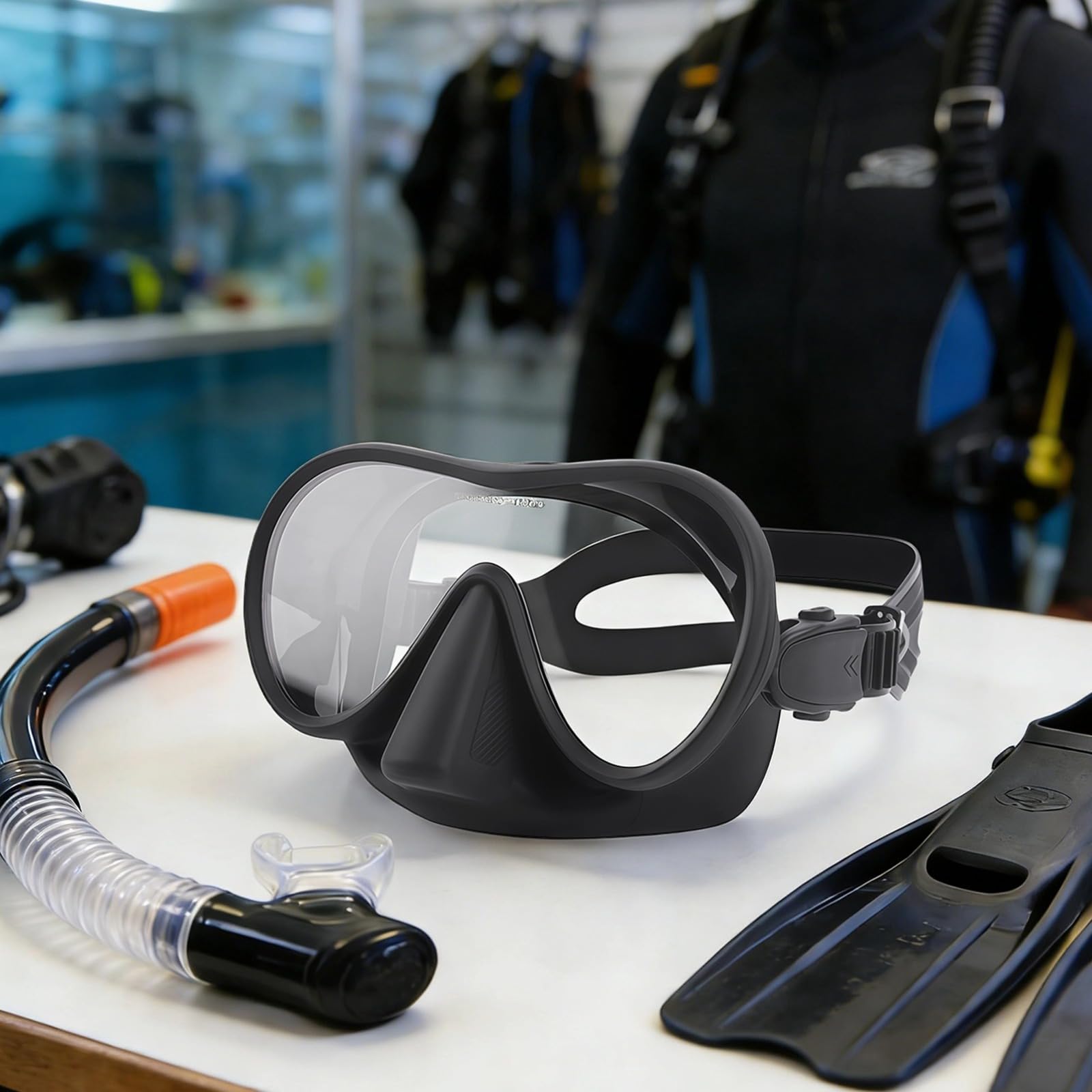 Tauchmaske, rahmenloses Panorama mit Einzellinse, Scuba Shield mit Anti Fog, komplett schwarz, Flüssigsilikon, Schnorchel und Schwimmmaske, 4,2 x 6,2 Zoll, gehärtetes Glas, für Erwachsene