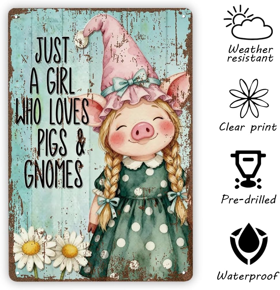 Funny Vintage Metal Tin Sign, Farmhouse Metal Tin sign, Just a Girl Who Loves Pigs & Gnomes, Garden Gnome Decor, Rustic Wall Plaque for Indoor Outdoor, Pig Lover Gift for Women image 3