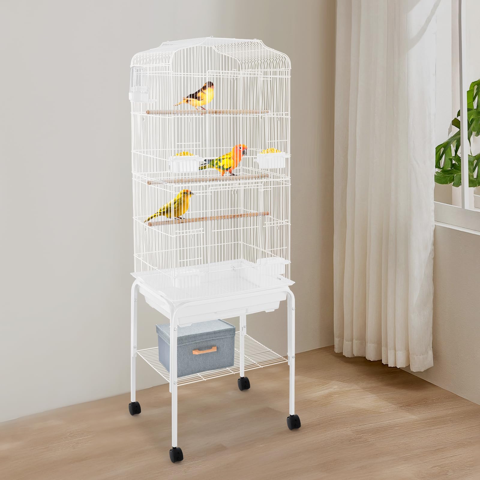 Jaula grande para loros y periquitos, estable de metal con 4 ruedas universales, bandeja inferior extraíble, compartimento de almacenamiento, para balcones, salón y cría de aves