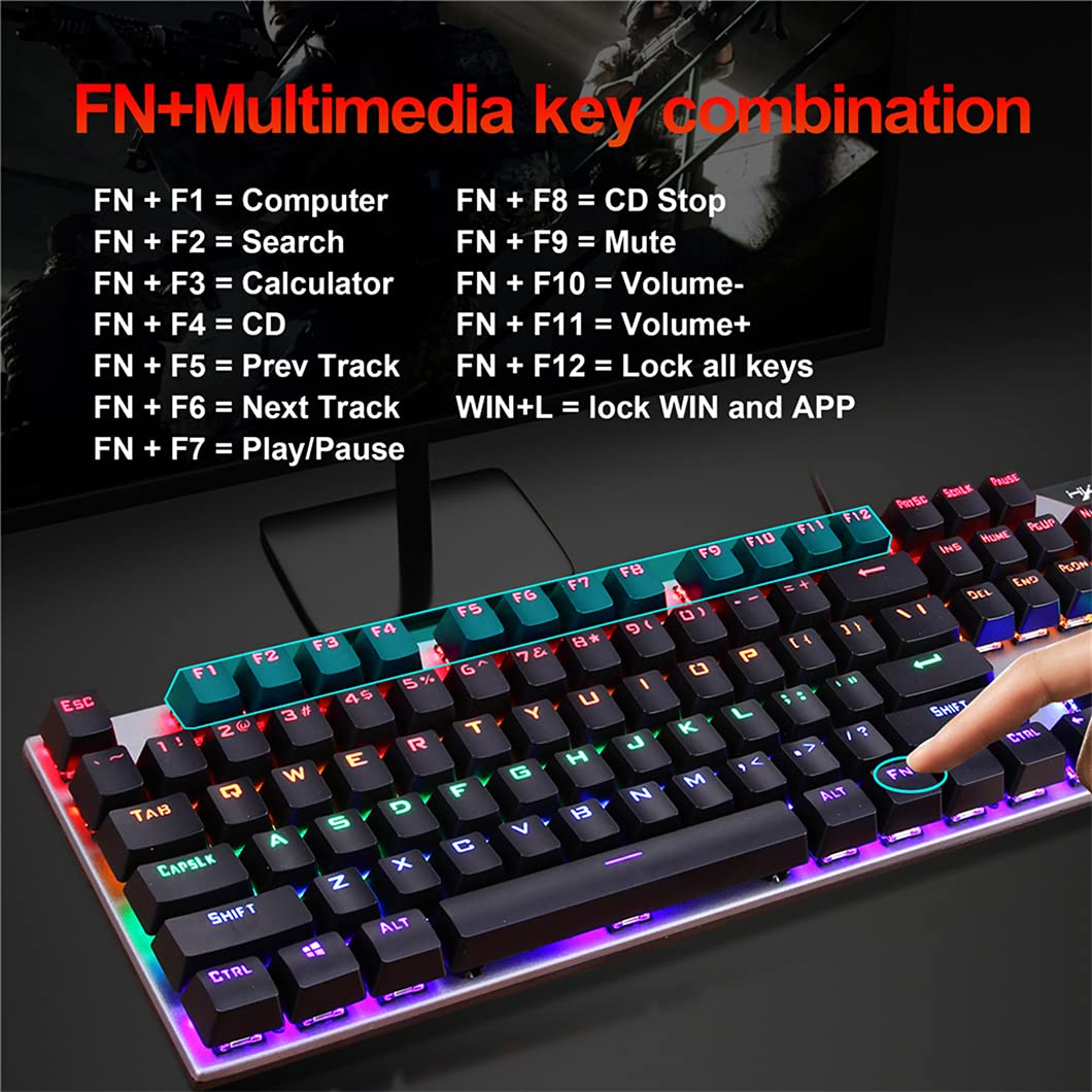 Kolorowa klawiatura do gier 104 klawisze, mechaniczna przewodowa klawiatura mieszanka RGB podświetlany niebieski przełącznik do gry laptopa PC