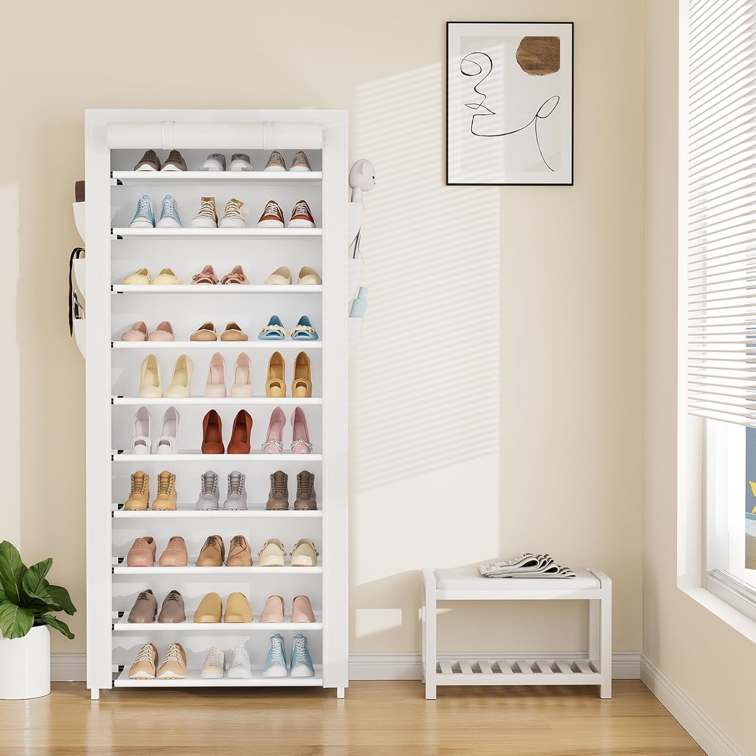 VTRIN Vertical Narrow Shoe Rack Organizer Tall Shoe Rack for Closet Entryway 10 Tier Non-Woven Cover Shoe Shelf Holds 36-41 Pairs Free Standing Shoe Storage Cabinet with Dustproof Cover, White