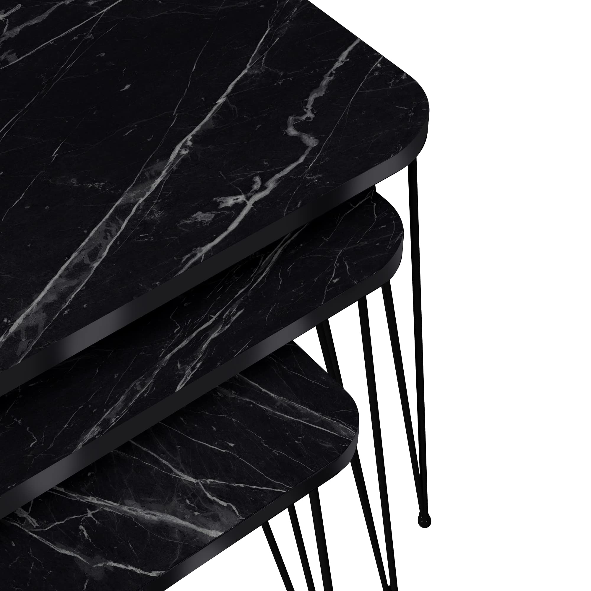 [en.casa] Set di 3 Tavolini Bassi da Divano - Tavolini Sovrapponibili in Dimensioni Diverse Gambe a Forcina in Metallo Piano Quadrato - Effetto Marmo Nero