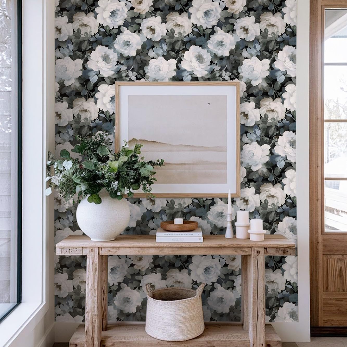 Guvana Peel and Stick Wallpaper Vintage Floral Contact Paper 394"×17.3" Black Floral Self-Adhesive Green Leaf Wall Paper for Bedroom Livingroom Kitchen Vinyl Waterproof Wallpaper Renter Friendly
