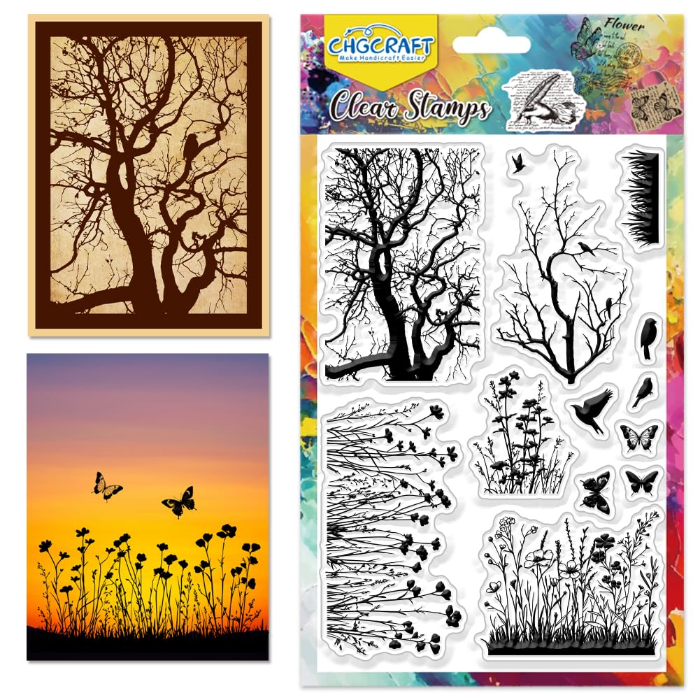 CHGCRAFT Realistic Wildflowers Branches Butterfly Silhouette Clear Silicone Stamps, for DIY Scrapbooking Journaling Photo Album Decorative Card Making 4.3x6.3 Inch