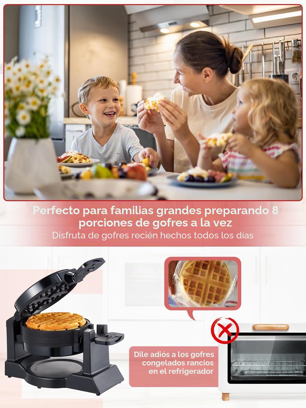 Waffle Maker, 1400 W doble gofre belga 180° Flip, 8 rebanadas en 3 minutos, placas giratorias y antiadherentes, antiarañazos, bandeja de goteo extraíble fácil de limpiar, mango de tacto fresco,