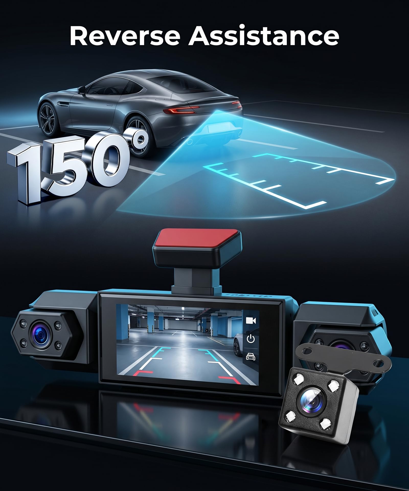 Rimoody 4 Canali 360° Dashcam Auto, 4 Telecamera HD 1080P Anteriore e Posteriore Sinistra Destra, 3.16 Pollici Schermo IPS Dash Cam con Visione Notturna 8 IR/Loop Video/24H Parcheggio Monitor