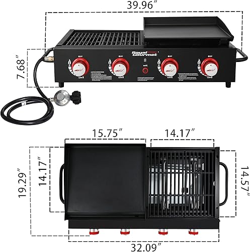 Miniatura 3 de Royal Gourmet GD4002T Combo de Parrilla y Plancha Tailgater de 4 Quemadores, Parrilla Portátil de Gas Propano de Superficie Plana con Salida