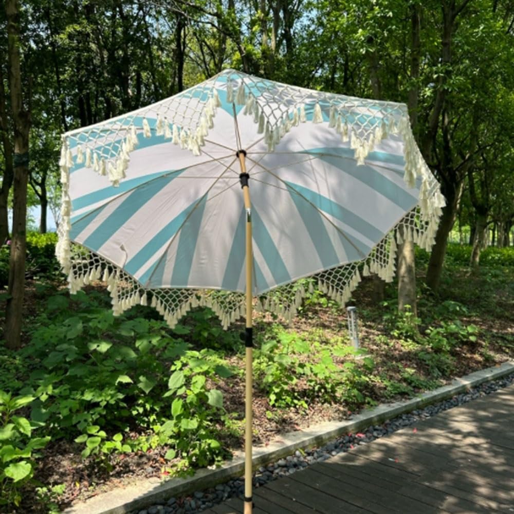 Ombrellone Da Esterno Con Frange Ombrellone Da Giardino 2m | 8 Costole Ombrello Da Patio Inclinabile Ombrellone Da Spiaggia Parasole Protezione Solare