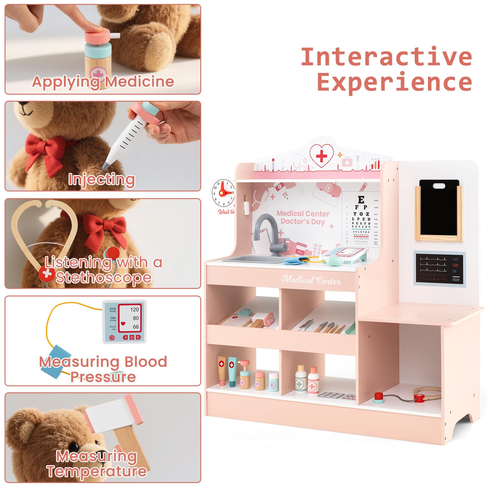 HOMASIS Kit Dottore Bambino in Legno, Kit Medico Bambini con Lavabo, Esame della Vista, Elettrocardiogramma, Orologio e Radiografia, Gioco Infermiere per Simulazione per Bambini da 3+ Anni (Rosa)