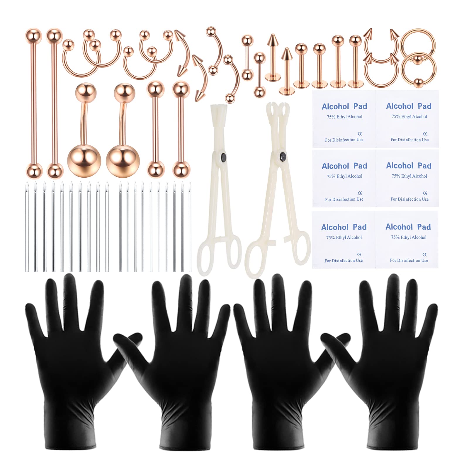 58PCS Body Piercing Kit Surgical Steel 14G 16G BCR CBR Labret Lip Rings Cartilage Daith Earrings Belly Button Rings Nose Septum Piercing Jewelry Needles Gloves Clamps Tools
