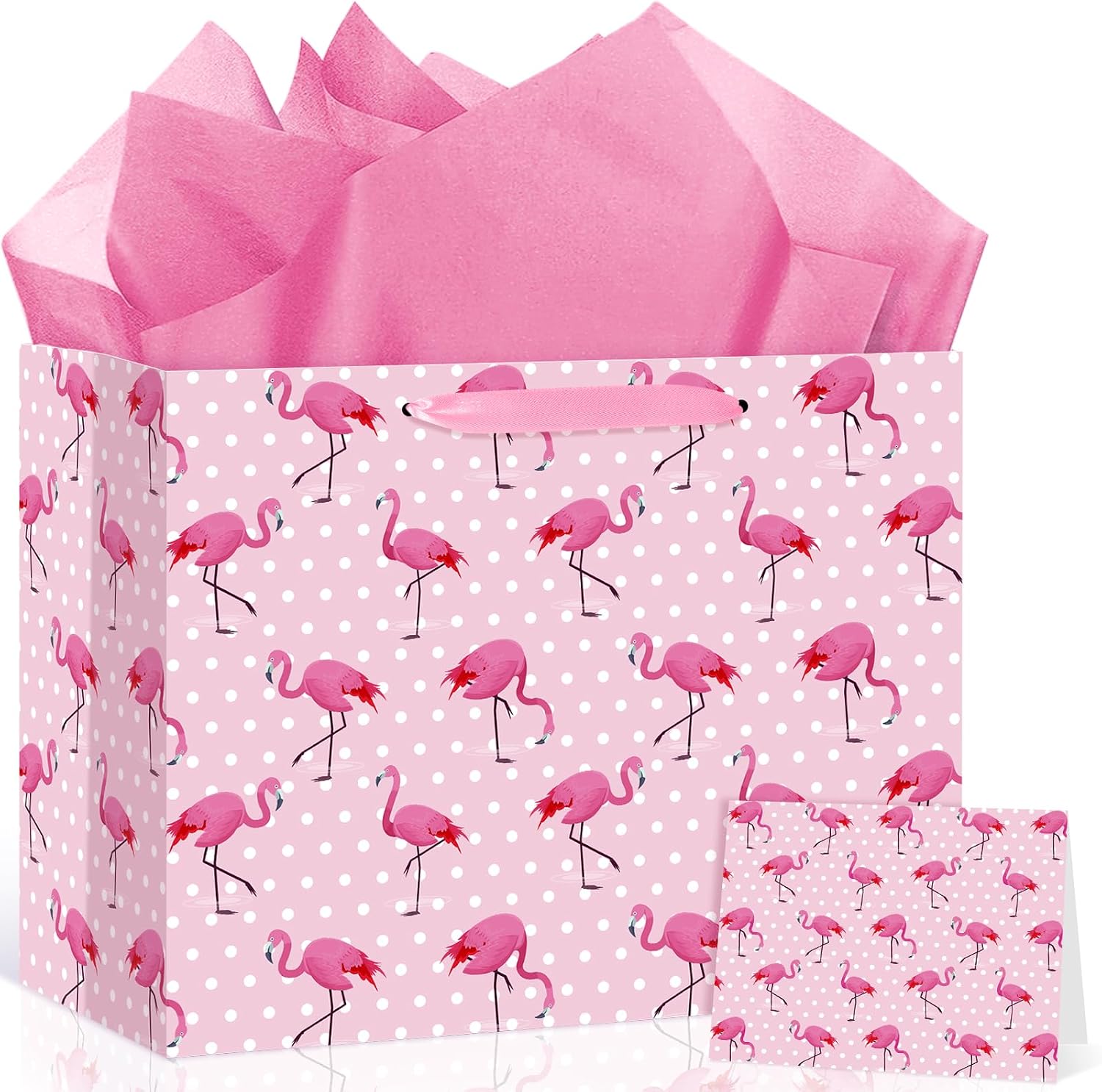 Flamingo Birthday Party Supplies Flamingo Gift Bag with Wrapping Paper and Greeting Card Large Pink Tropical Hawaiian Party Decorations Wrapping Paper Bag for Girls Boys Birthday Wedding Baby Shower