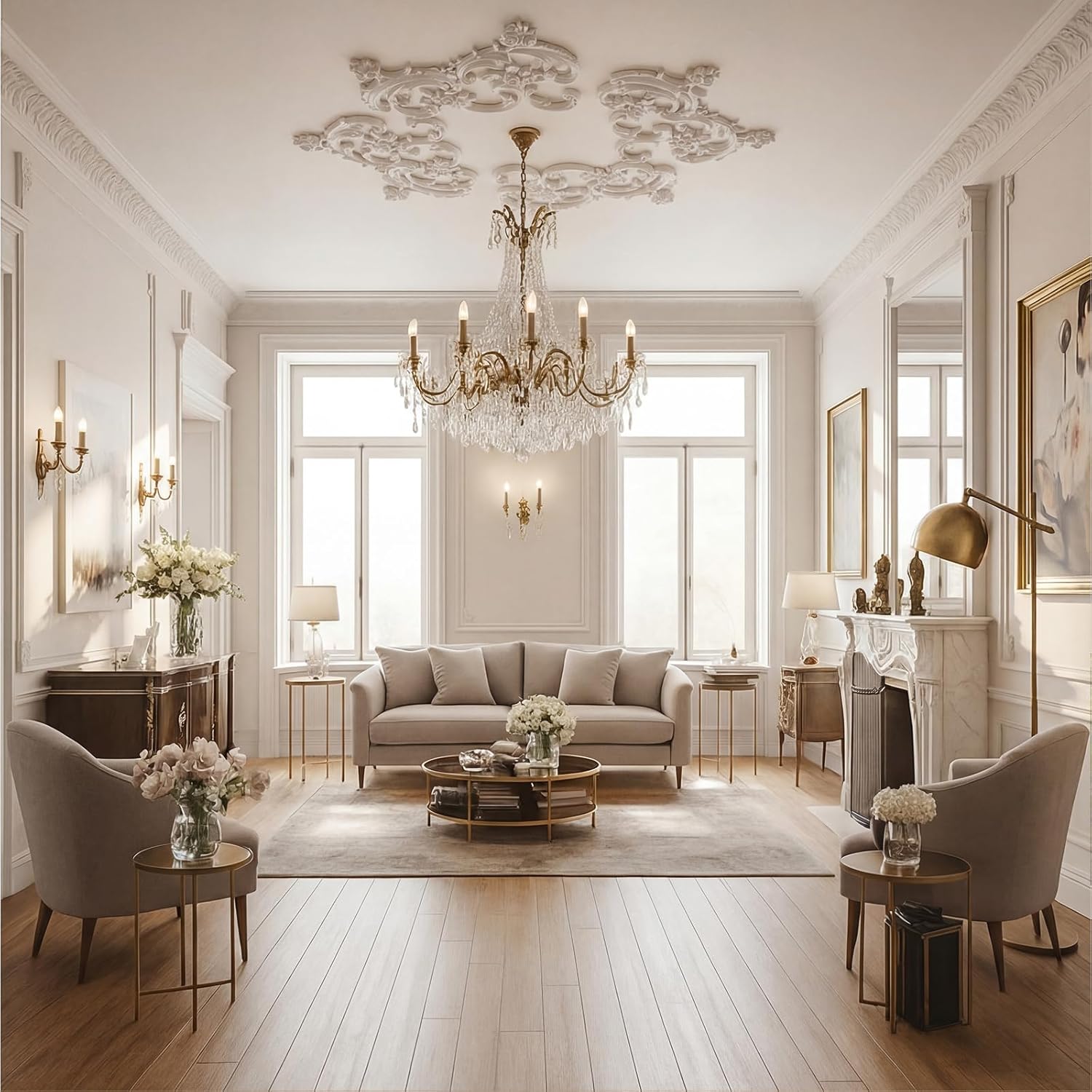 Nuanchu 33.5'' Large PU Ceiling Medallion Combination Decorative 2.36'' ID French Style Chandelier Base Ceiling Medallion for Light Fixtures Victorian Rosette Light Covers for Chandeliers(Charming)