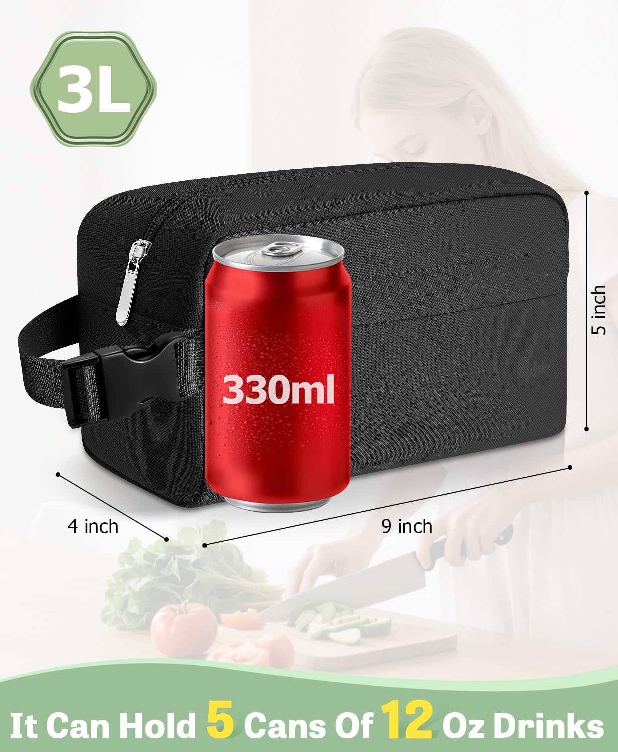 Neverwhy Small Insulated Snack Bag Lunch Bag for Kids Lunch Box for Women/Men, Collapsible [3L/5-Can] Reusable Lunch Bag Cooler Bag for Bottle with Handle Buckle for Work/School/Travel, Black