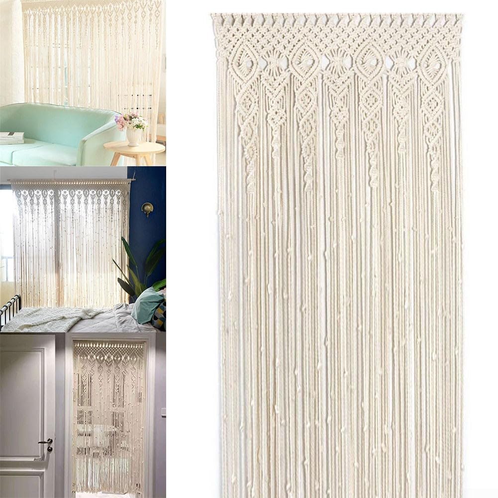 Cortina de puerta de macramé tejida a mano para colgar en la pared para decoración de puerta de ventana de boda, 90 x 180 cm, beige (90 x 200 cm)