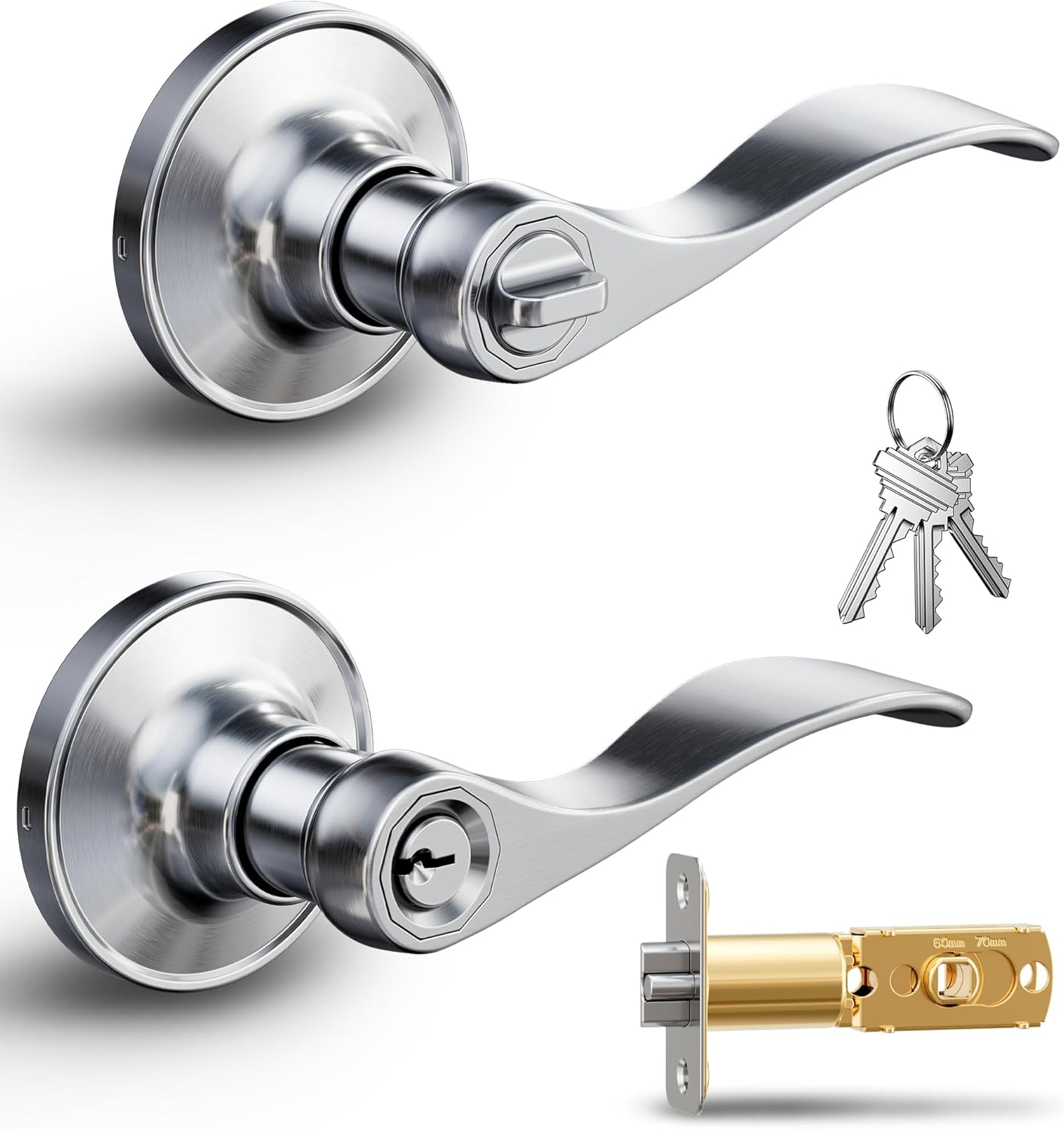Veise Keyed Entry Door Lever, Wave Handle Lock for Exterior & Interior Door, Door Knobs with Lock and Key, Rust-Proof Bedroom Door Lock, Zinc Alloy Right Left Handed, Satin Nickel