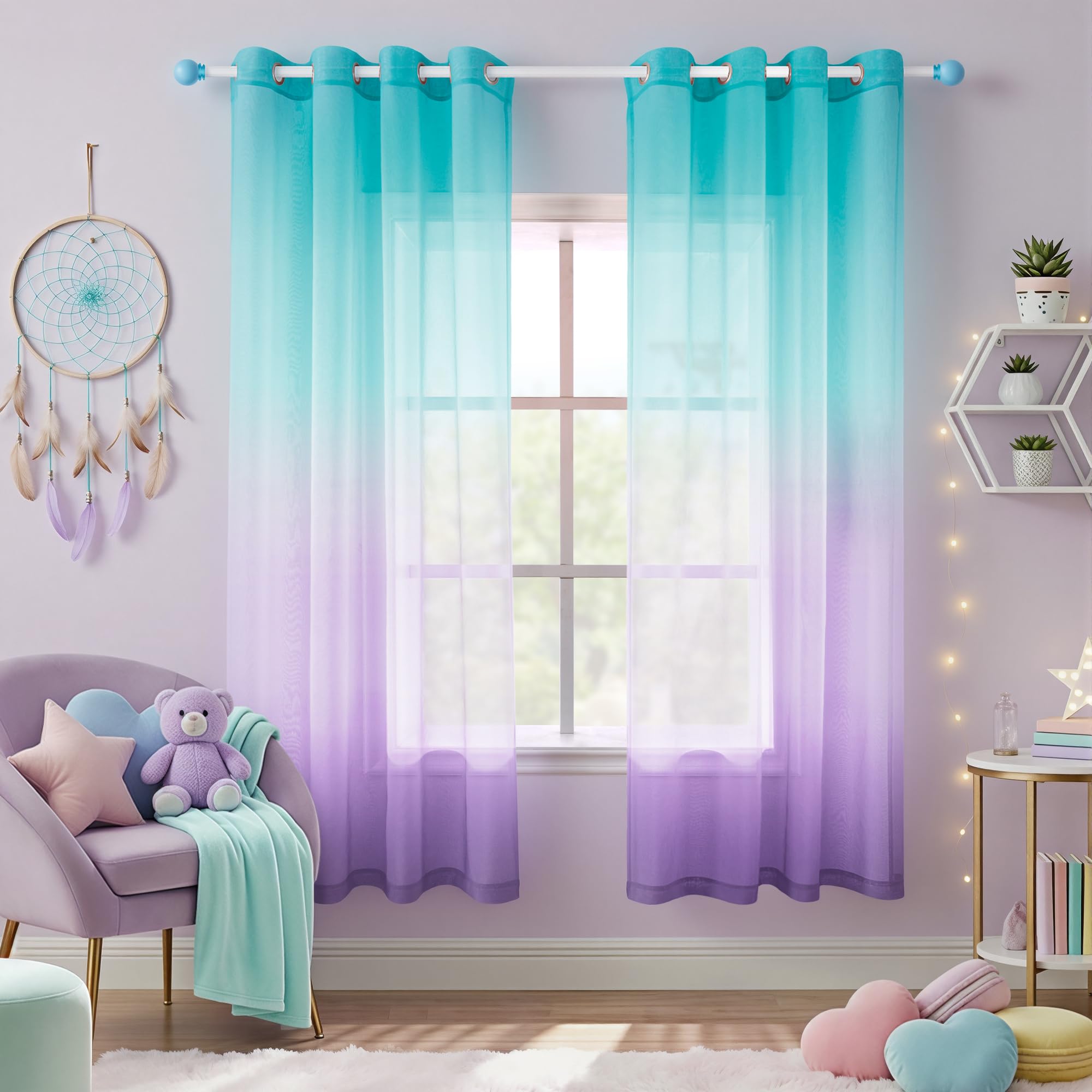 KOUFALL Blaugrüne Schlafzimmer-Vorhänge, 160 cm Länge, 2 Paneele, Meerjungfrauen-Cartoon-Muster, halbdurchsichtig, Kurze Vorhänge und Vorhänge für Kinderzimmer, Mädchenzimmer, Babyzimmer-, lila