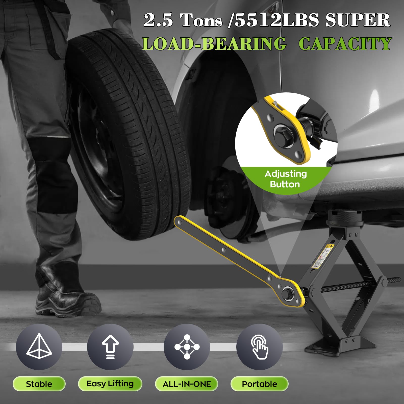 IMAYCC Cric Per Auto 2.5T/2500kg, Cric Auto Con Universale Tampone In Gomma, Cric Portatile Per Auto Con Chiave Per Dadi Ruota, Kit Emergenza Auto Per SUV MPV Tesla,Manutenzione e La Riparazione