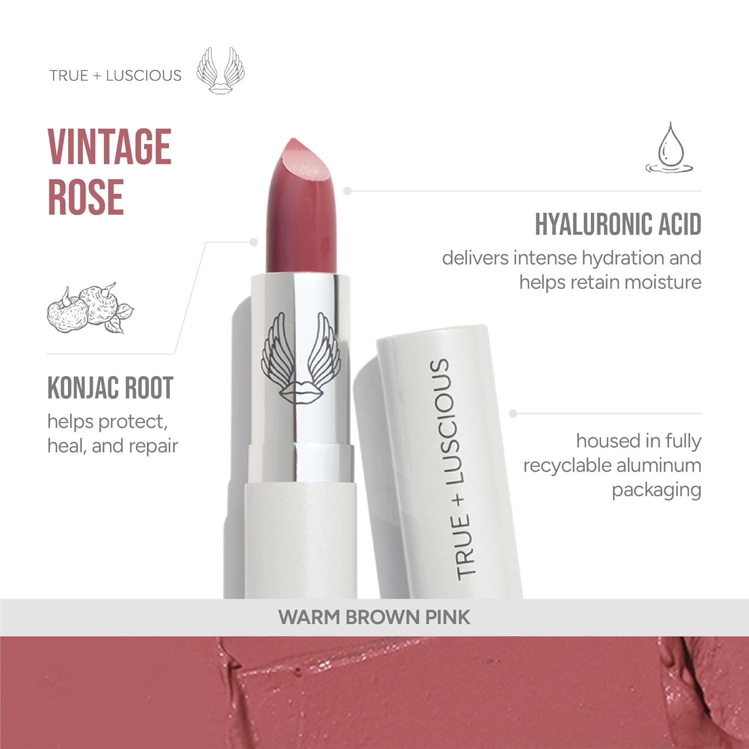 True + Luscious Super Moisture Lipstick | Satin Cream Lip Color for Lasting Hydration | Hyaluronic Acid Konjac Root Powder | Vegan Cruelty-Free Gluten-Free Flatters All Skin Tones | Vintage Rose