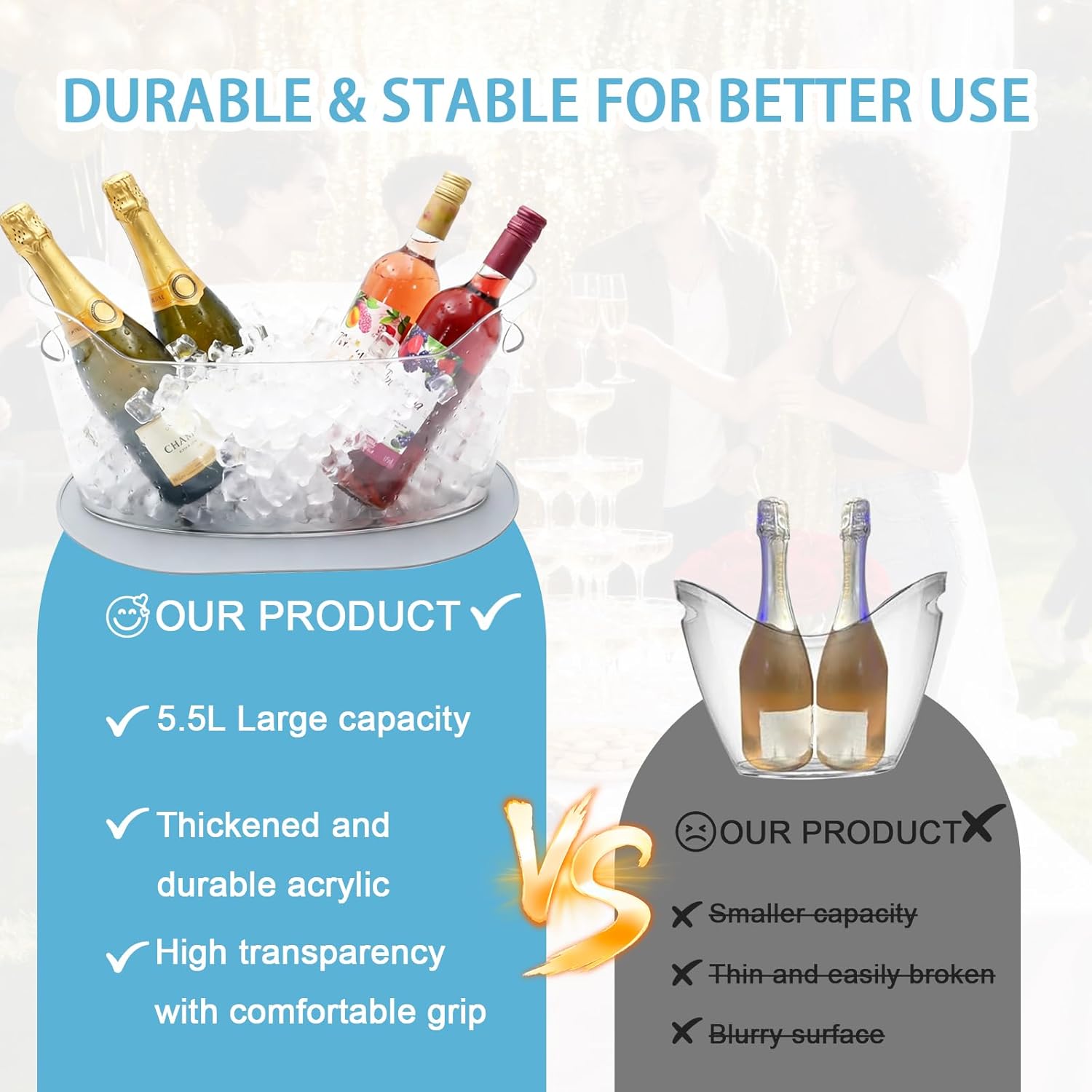 Ice Bucket 2 Pack, Large Plastic Champagne Bucket with Scoop, Bottle Opener and Mat, Insulated Wine Cooler for Parties, Cocktail Bar Essentials Chill Tubs for Outdoor Beach Freezer Use