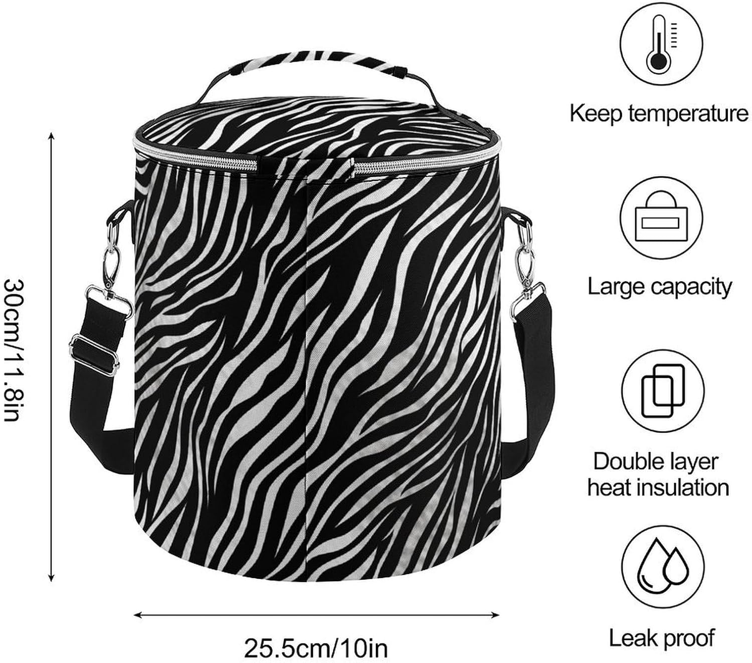 Zebra Print Lunch Bag 15L, Insulated Picnic Basket with Leakproof Design - Large Cooler Tote for Camping, Beach, Hiking & Groceries