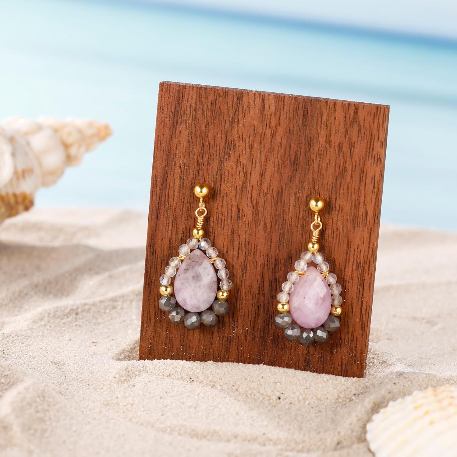 Teardrop Stone Earrings for Women Boho Dangle Natural Stone Crystal Lightweight Gemstone Earrings Summer Beach Jewelry for Women Bohemia Amethyst - Image 4