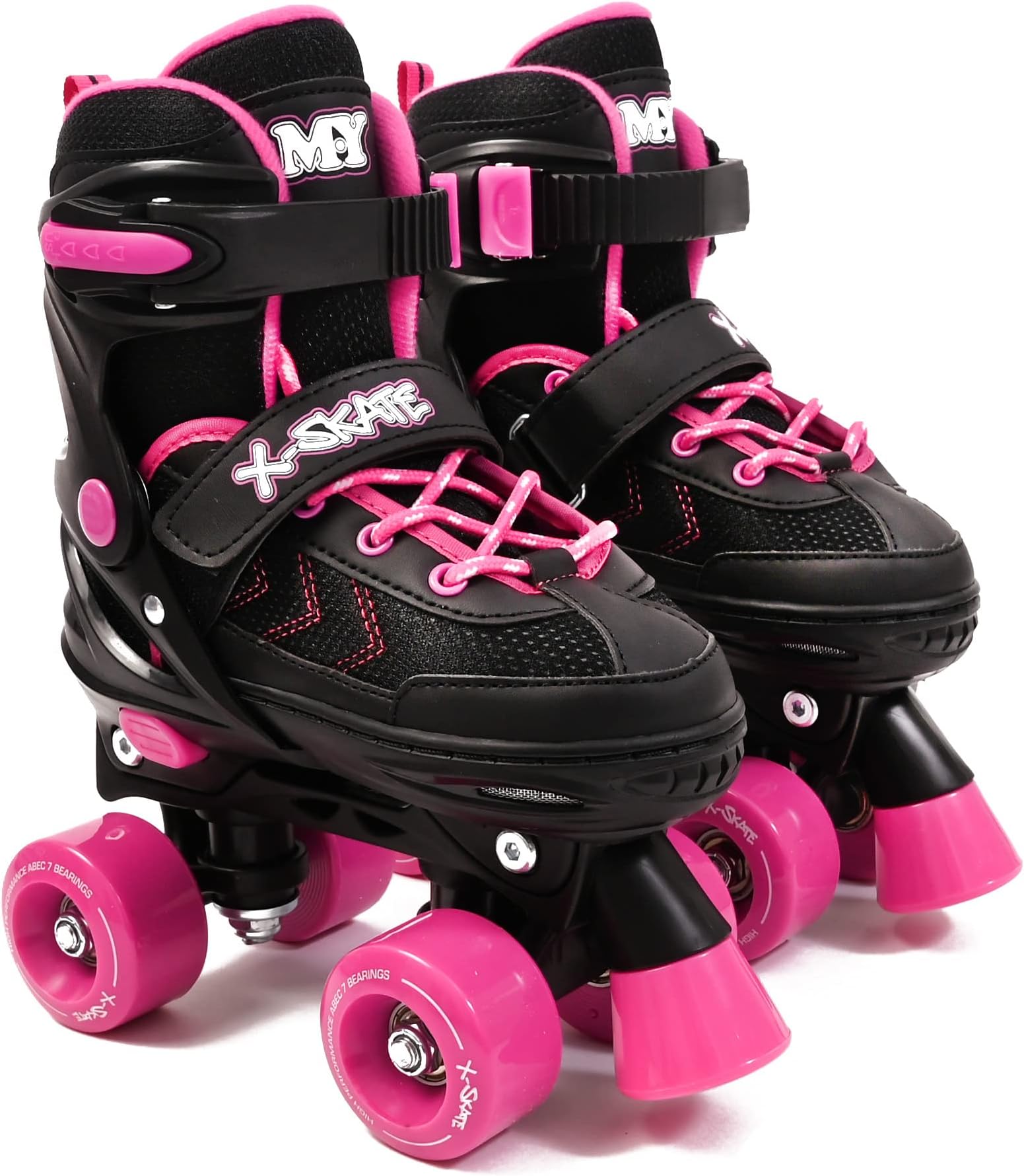 M.Y X-Skate Adjustable Quad Roller Skates with Built In Adjusters Kids Roller Boots for Boys & Girls