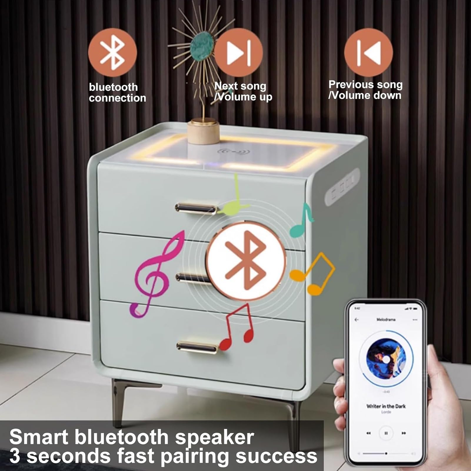 Stolik nocny, inteligentny stolik nocny ze stacją ładującą, ze światłem LED/głośnikiem Bluetooth/3 szufladami do przechowywania do salonu w sypialni (kolor: biały, rozmiar: prawy)