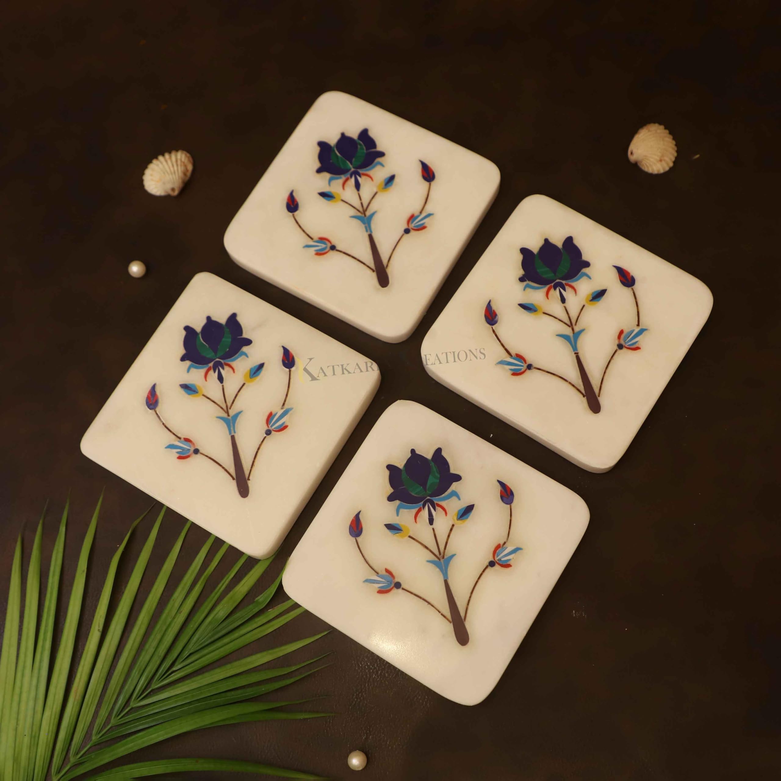 Katkaria Creations Marble Inlay Coaster Set of 4 Handcrafts by Indian Artisans | Designer Coaster Set Fit for Tea Cups, Coffee Mugs and Glasses-image-17