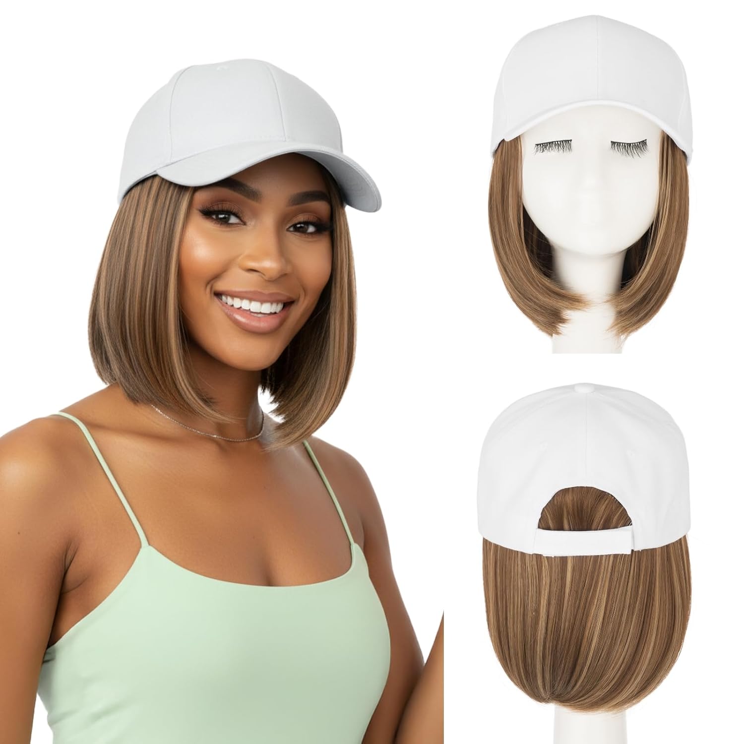 SEGOHAIR Hat Wig for Women Baseball Cap with Hair Extensions 6 Inch Synthetic Straight Hair Adjustable Wig Hat with Attached Hair for Daily Wear,（10P22T, Medium Brown Mix Dark Blonde）