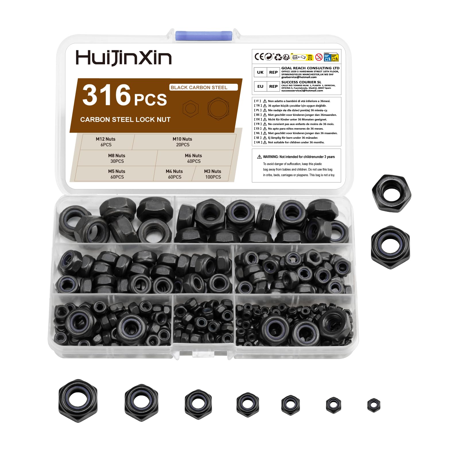 316 Pcs Nylock Nuts, Self Locking Nuts, Nylon Insert Lock Nuts, Carbon Steel Black Hex Nuts, Thread Hexagon Nuts with Nylon Inserts for Bolts Screws Components, M3 M4 M5 M6 M8 M10 M12