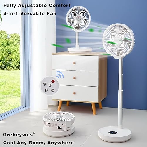 Miniatura 2 de Ventilador oscilante plegable recargable de 10 pulgadas, ventilador de pie con batería de 7200 mAh con control remoto, 6 velocidades y función de