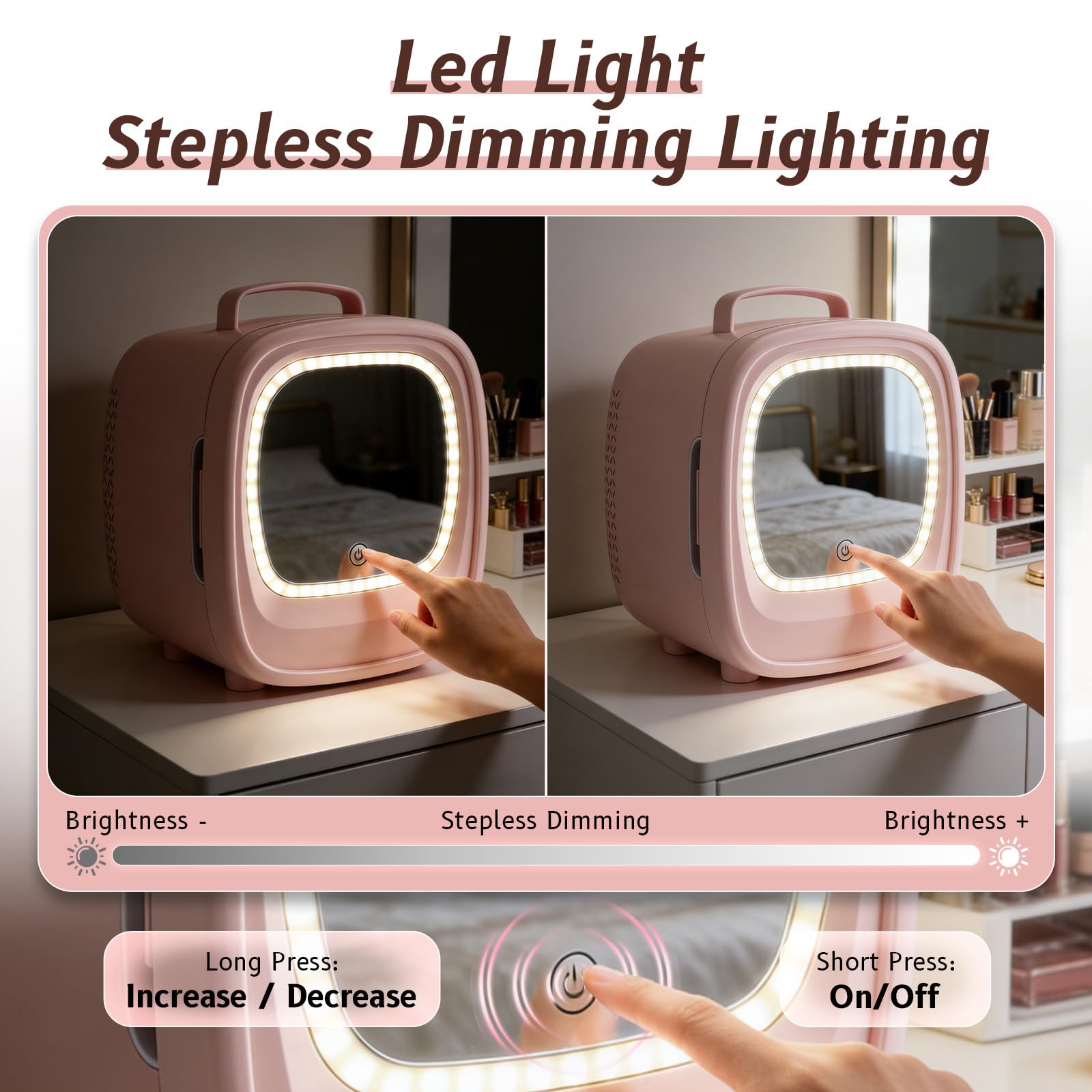 Mini Réfrigérateur 6L, Mini Frigo Cosmétique avec Miroir LED, Portable Thermoelectrique Chauffe & Refroidisseur, AC/DC pour Chambre, Soins de la Peau, Boissons, Bureau, Dortoir et Voiture (Rose)