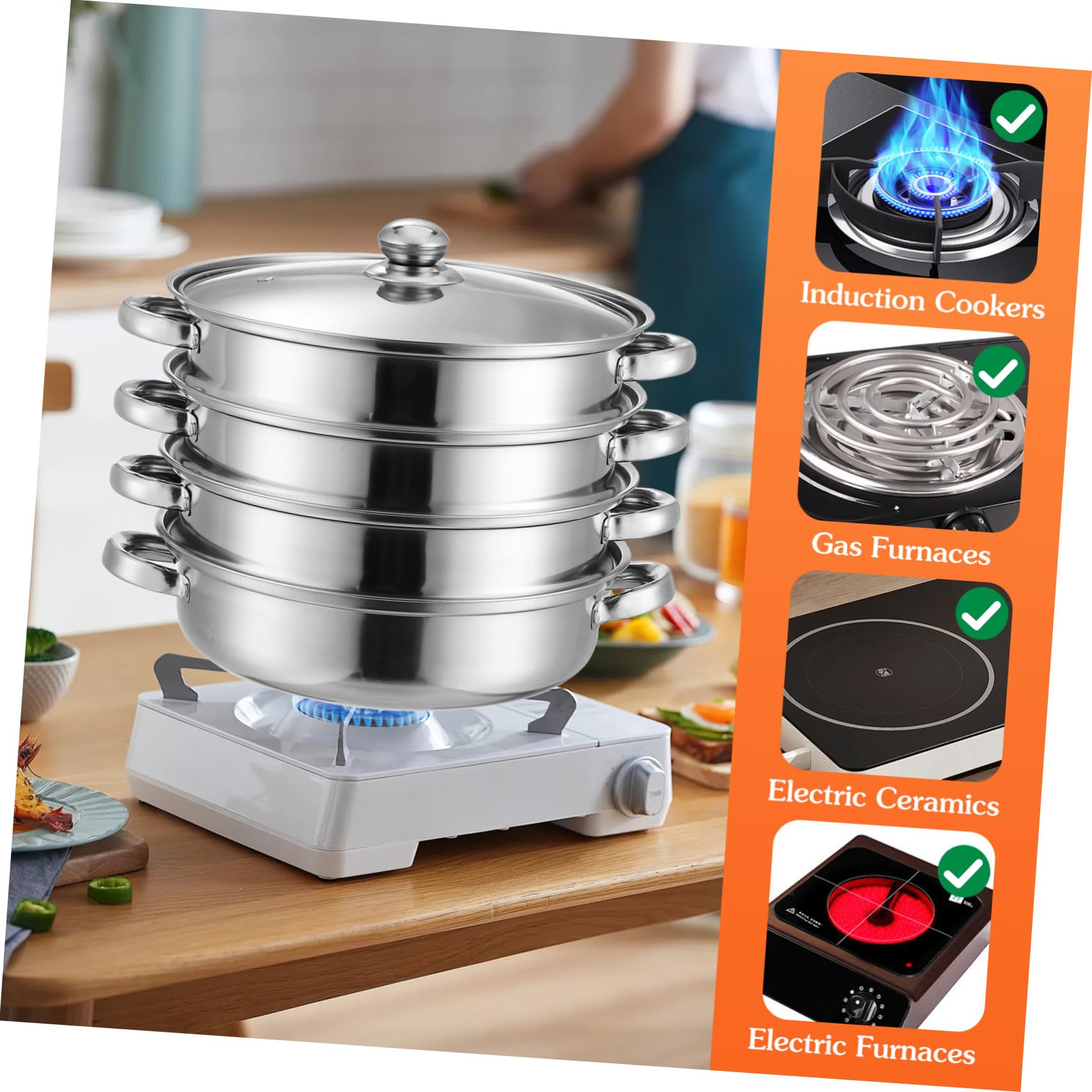 Housoutil Olla De Vapor De Cuatro Capas Olla, grande para sopa de vapor de metal, tamalera grande a De Acero Inoxidable Fondo Grueso Para Cocinar Verduras Mariscos Sopas Guisos