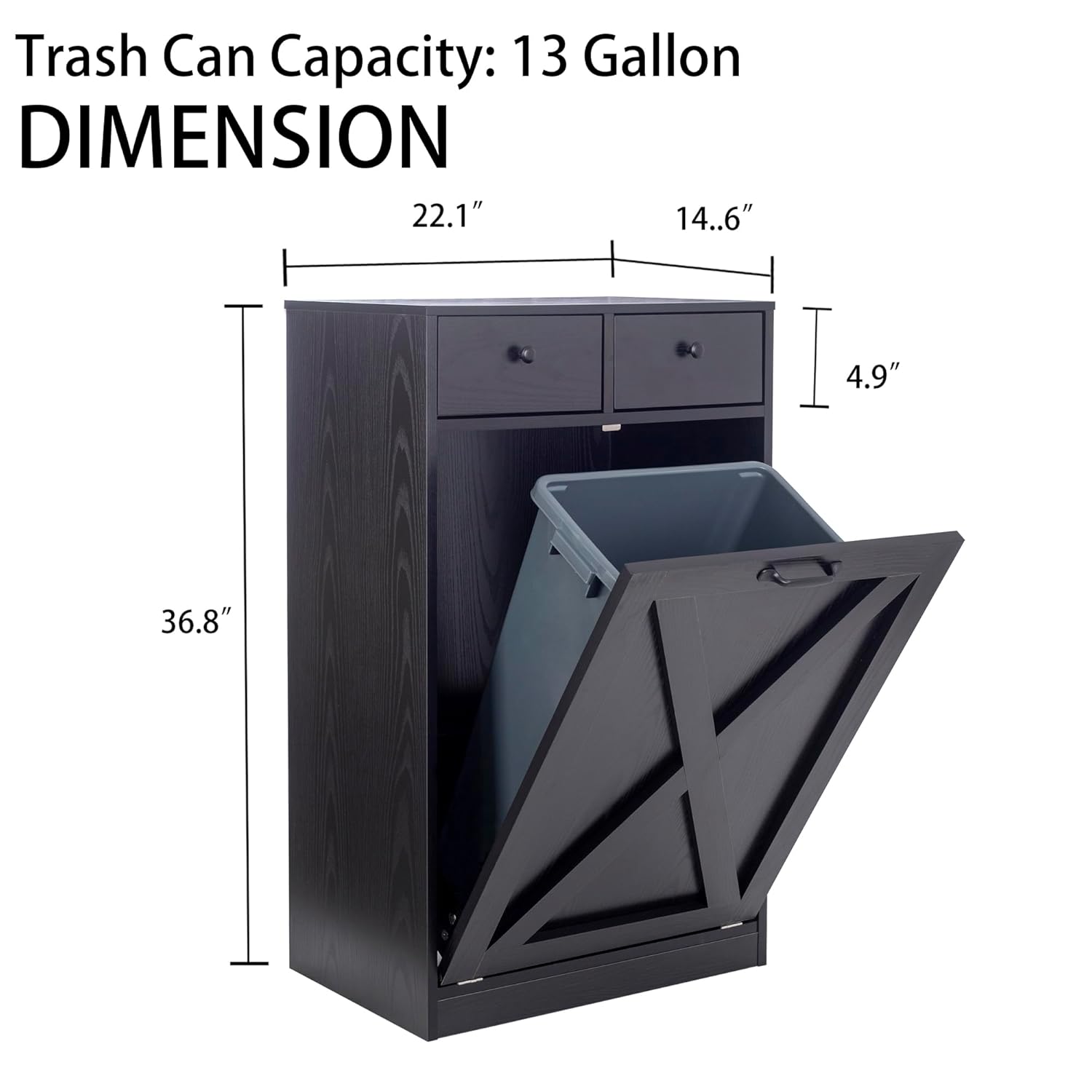 13 Gallons Tilt Out Trash Cabinet, Hidden Trash Can Cabinet Wooden Free Standing Kitchen Trash Recycling Cabinet with Drawer for Kitchen (Black)