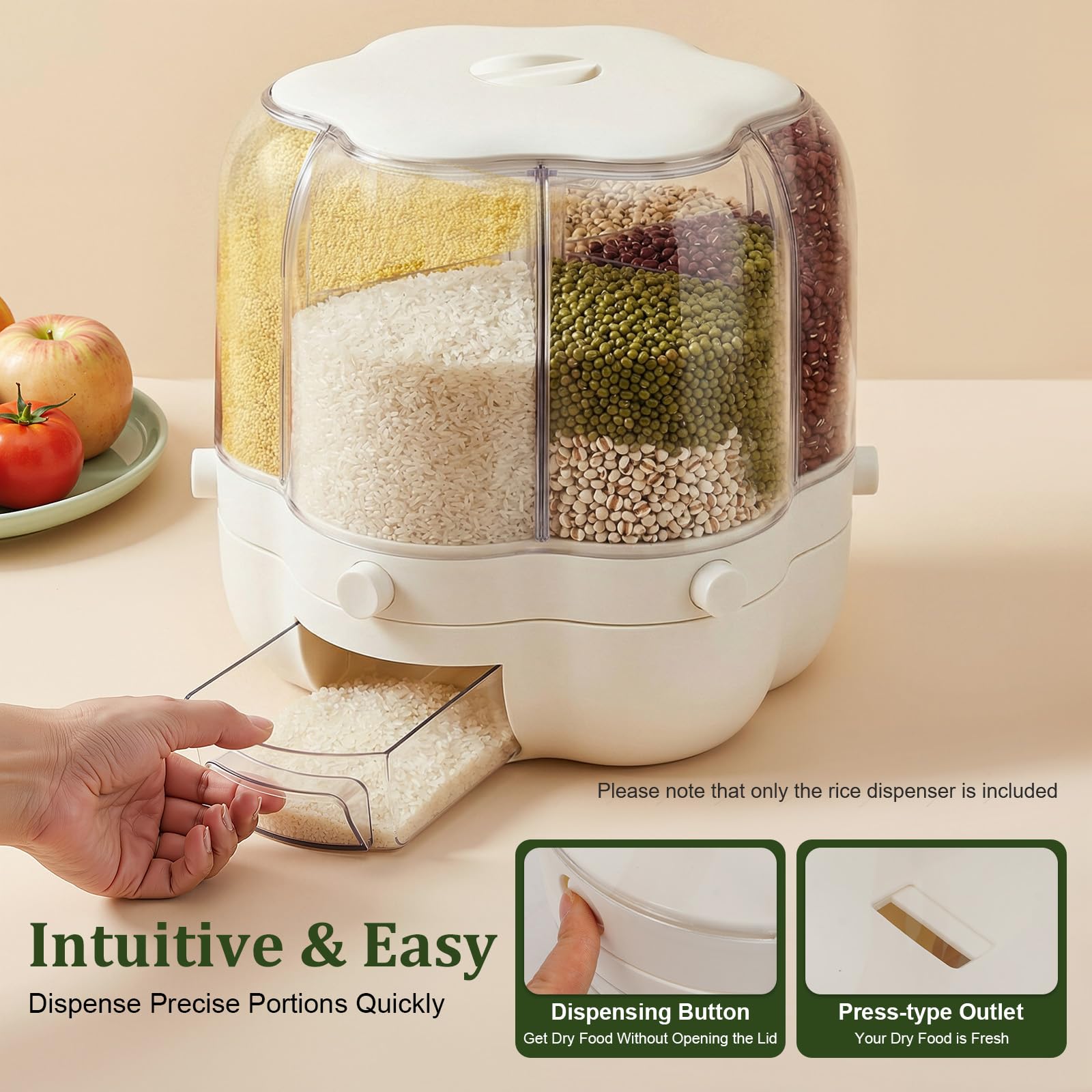 Distributeur de céréales, distributeur de riz rotatif, 6 compartiments, distributeur de céréales rotatif à 360°, pour stocker les aliments secs, récipient à céréales, distributeur de riz, pour tous