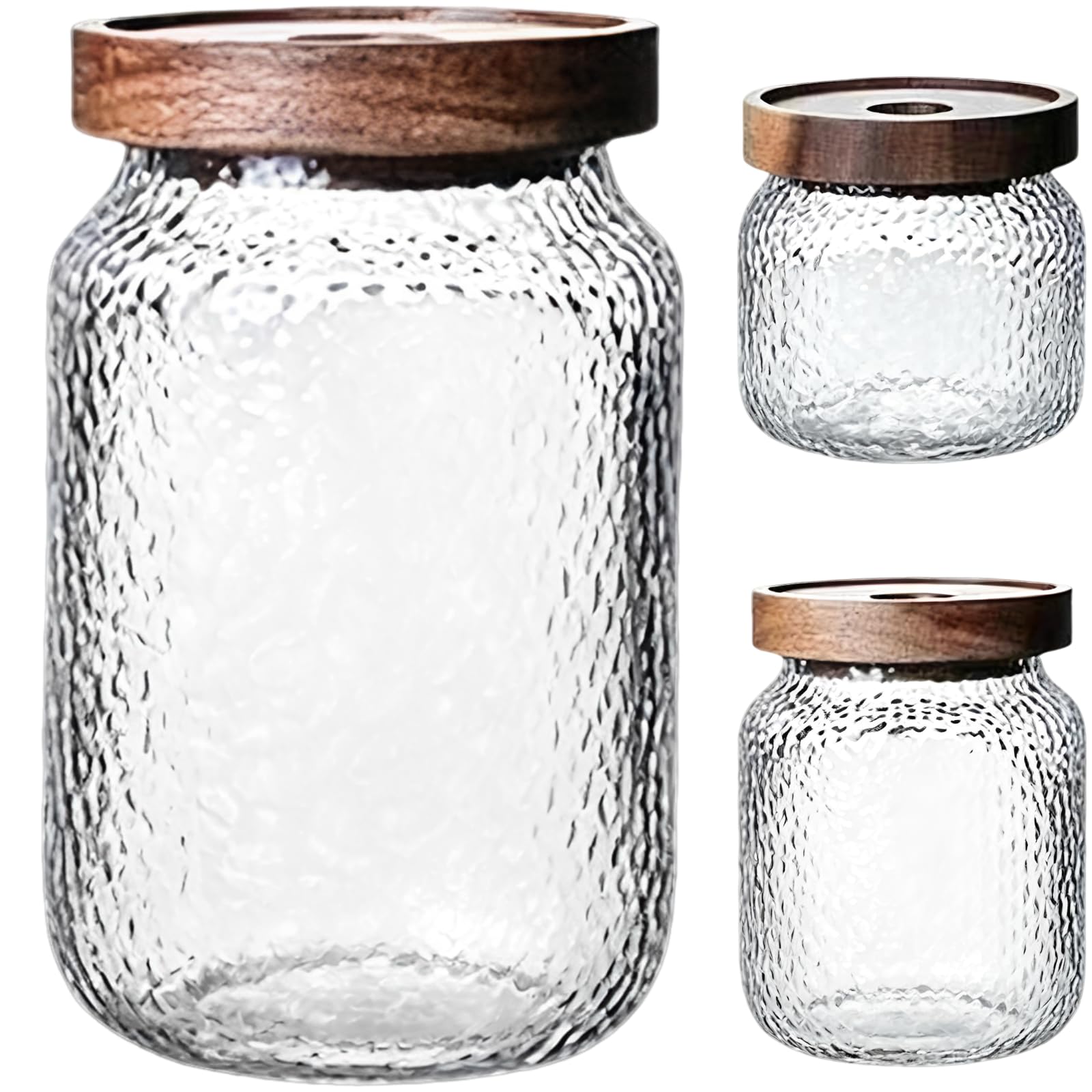 3 Stk. Glas-Aufbewahrungsgläser mit Deckel, 10 oz 17 oz 24 oz luftdichte Glas-Vorratsdosen mit Holzdeckel, gehämmerte Vorratsgläser für Küche, Kaffee, Tee, Getreide, Zucker, Snacks
